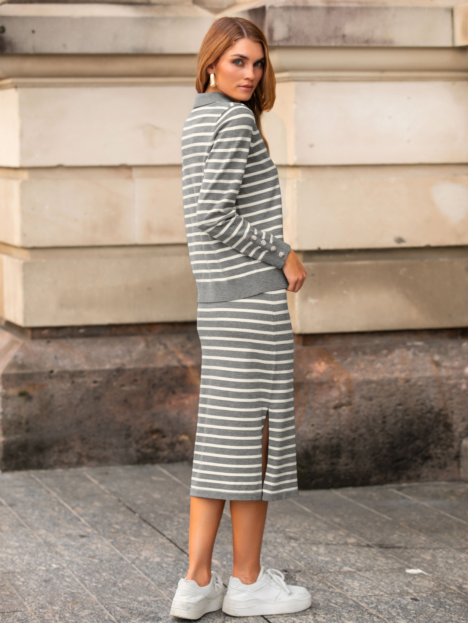 Striped Polo Neck Knitted Two Piece Skirt Sets