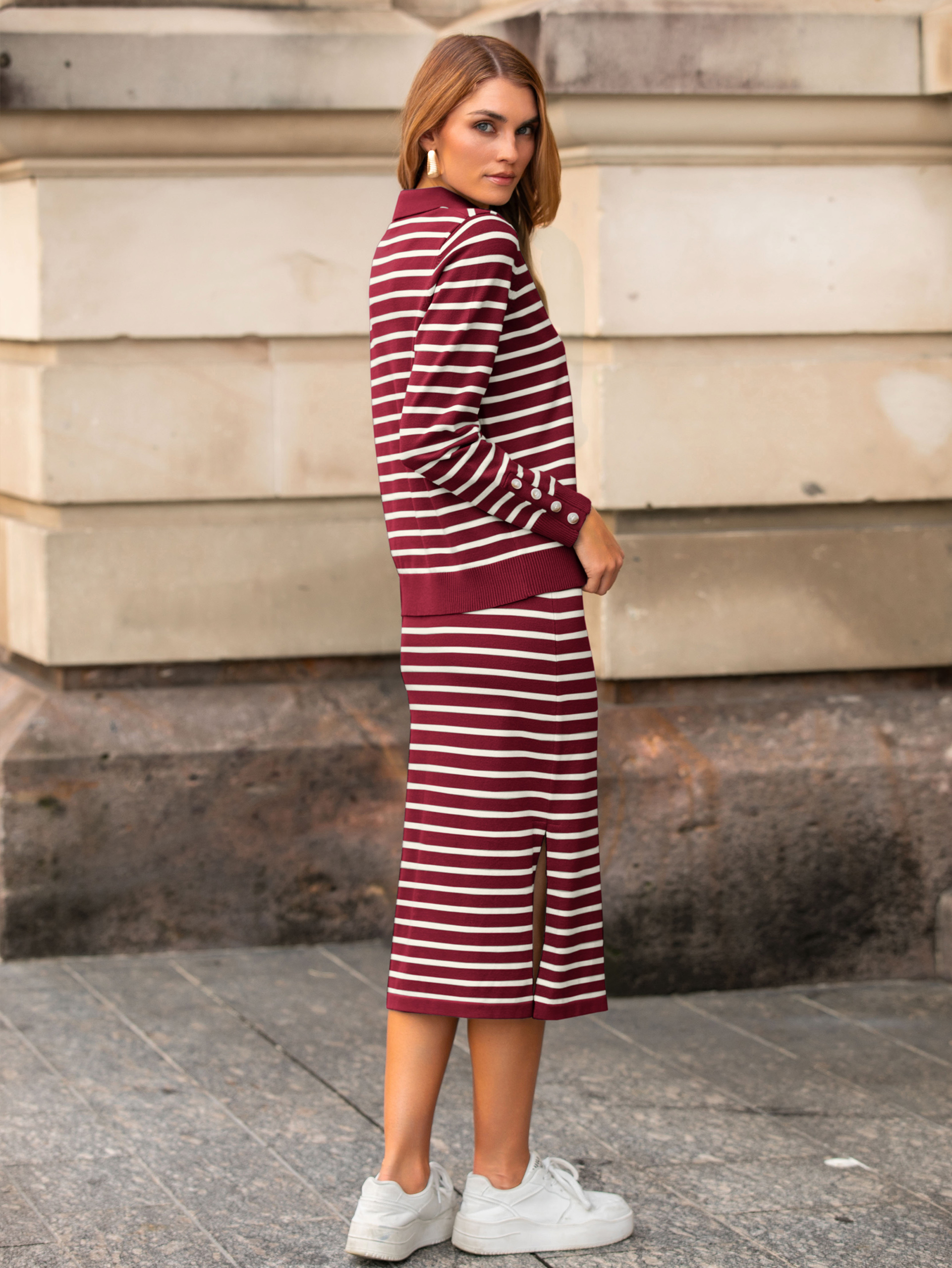 Striped Polo Neck Knitted Two Piece Skirt Sets