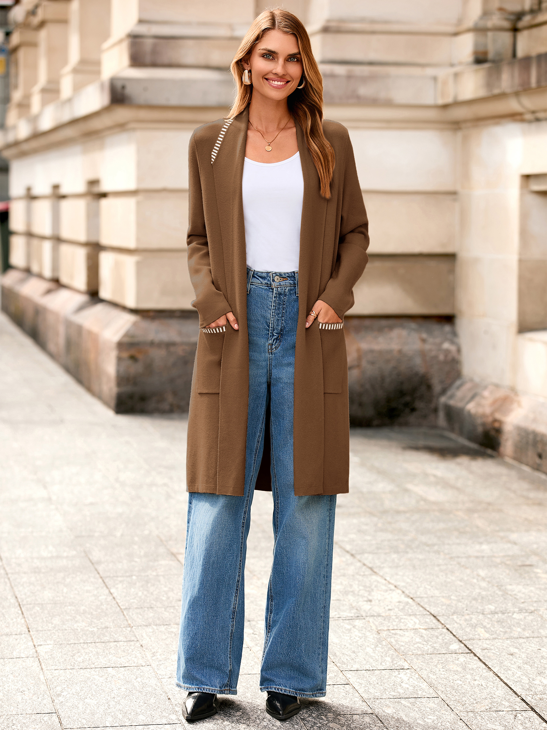 Oversized Open Front Knit Lapel Cardigan with Pockets