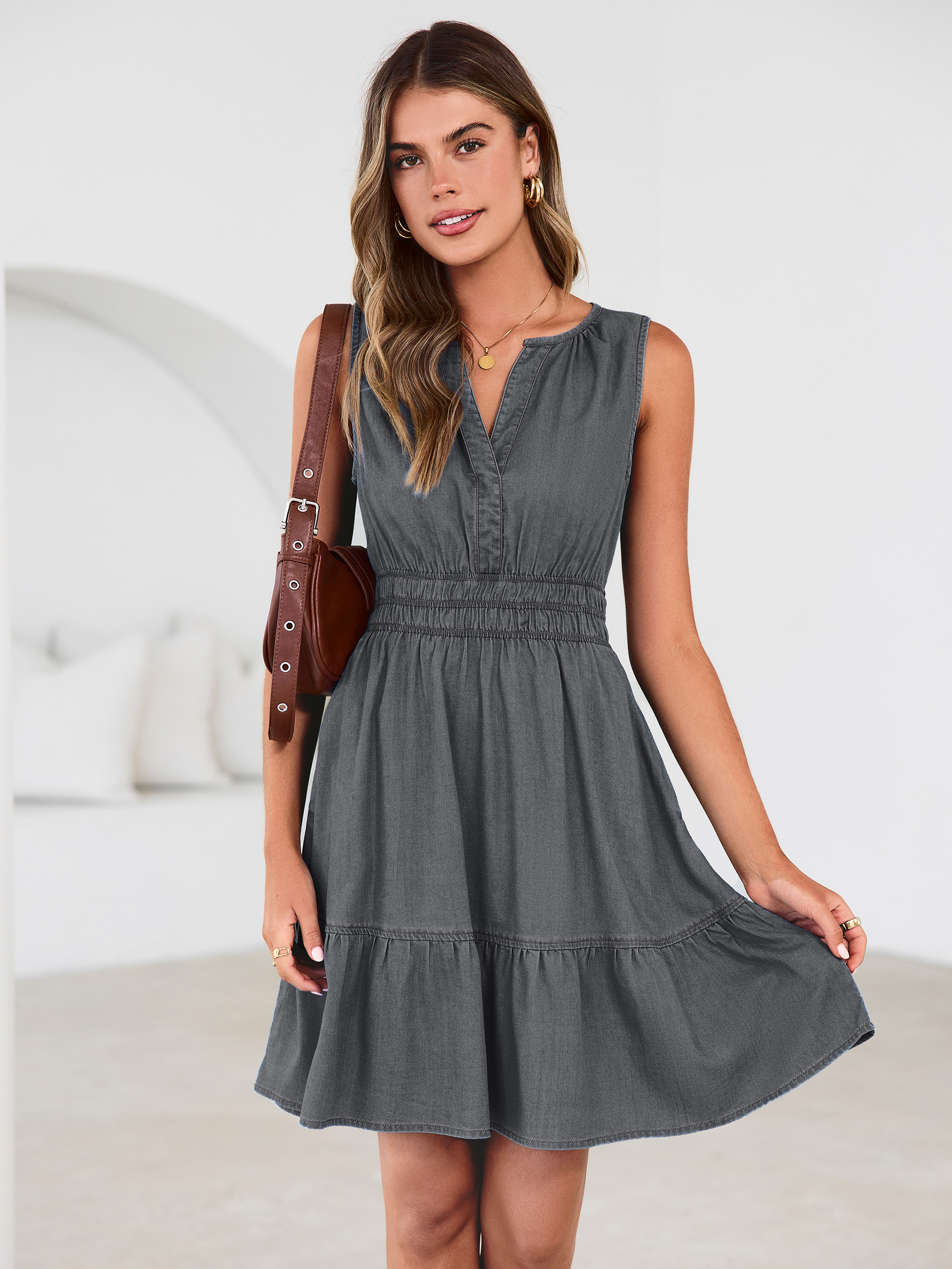 V Neck Sleeveless Lyocell Denim Mini Dress - Denim Gray
