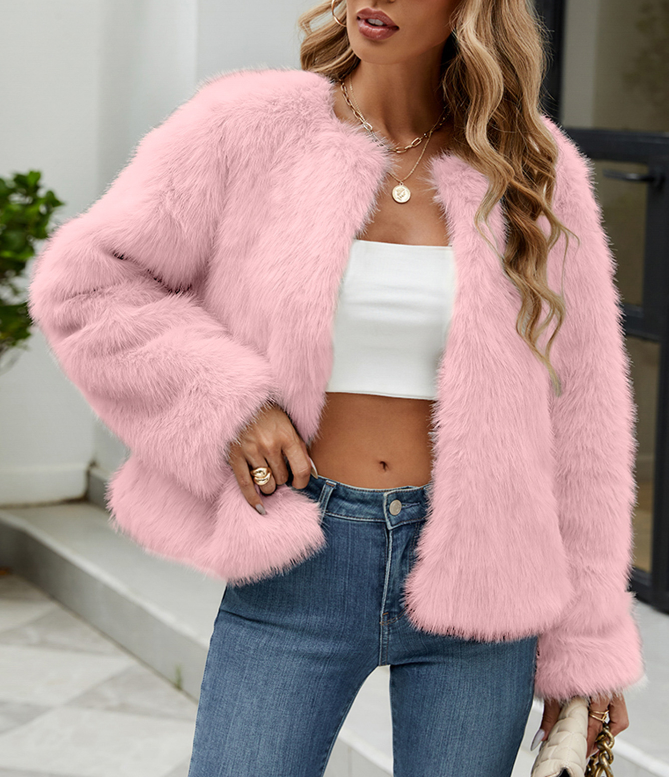 Cropped Faux Fur Jacket Coat with Hook Closure