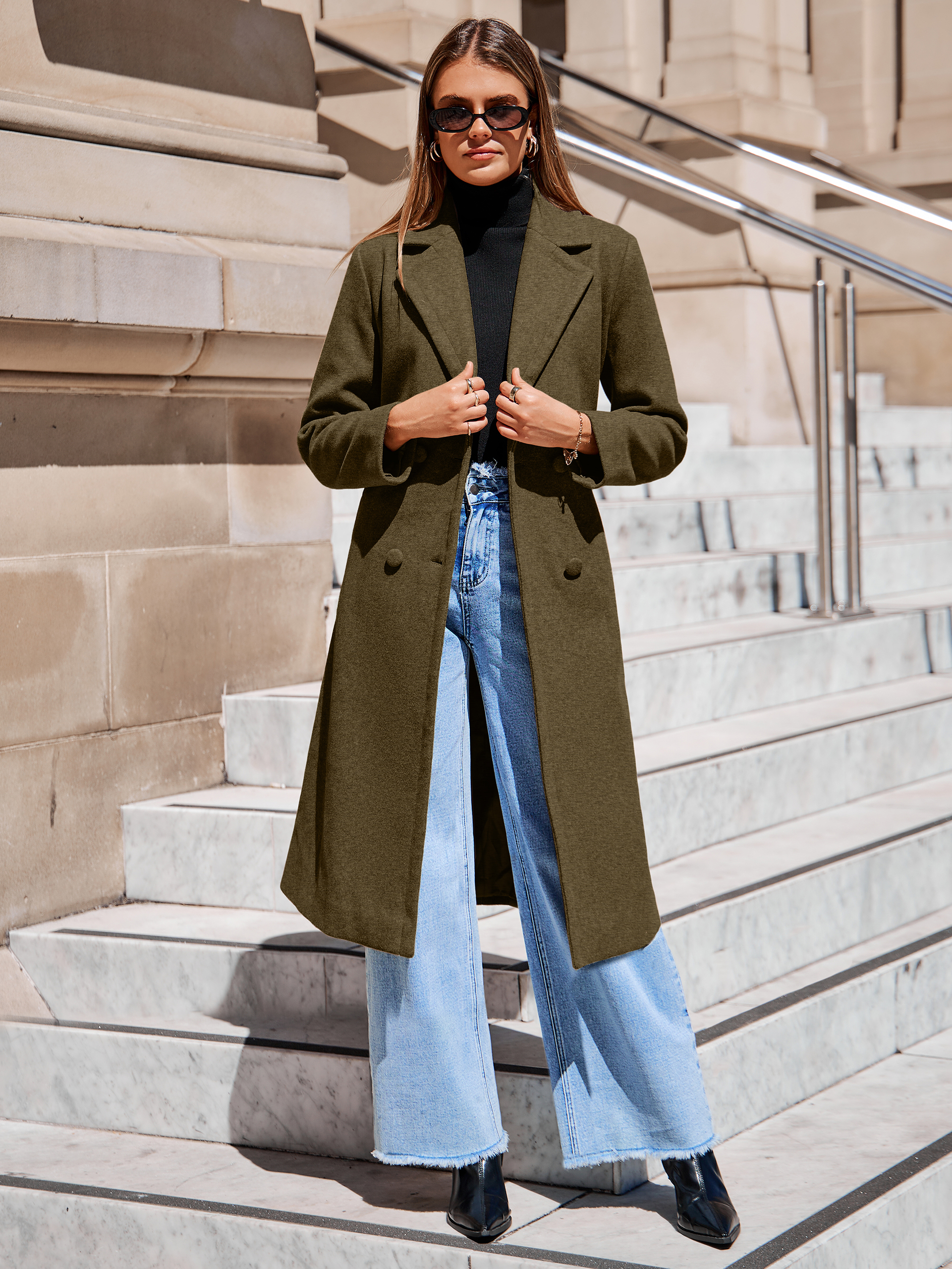 Longline Wool Blend Trench Coat with Belt