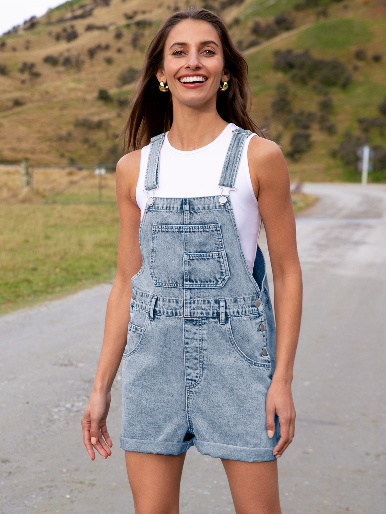 Casual Loose Fit Denim Romper with Pockets