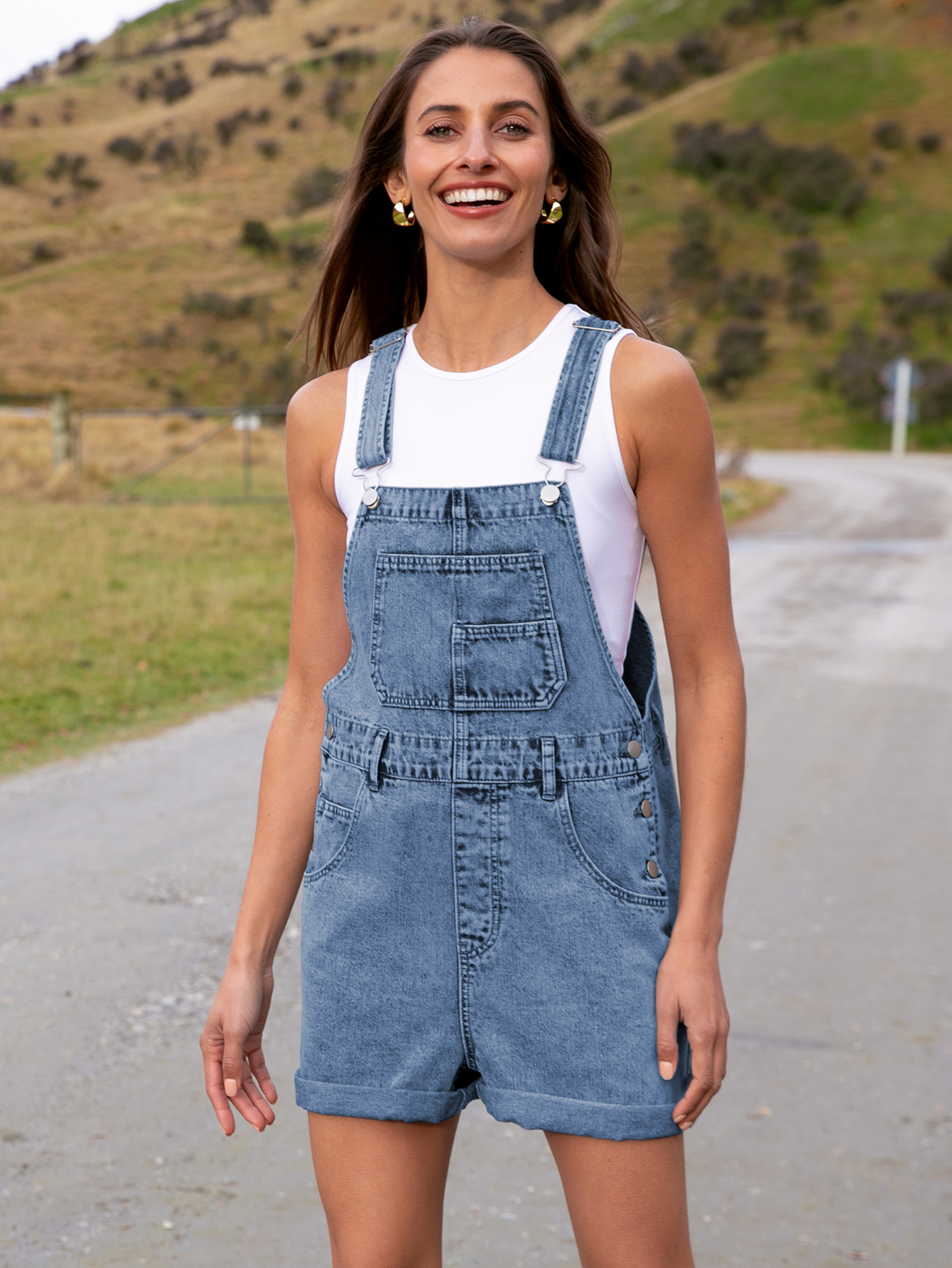 Casual Loose Fit Denim Romper with Pockets