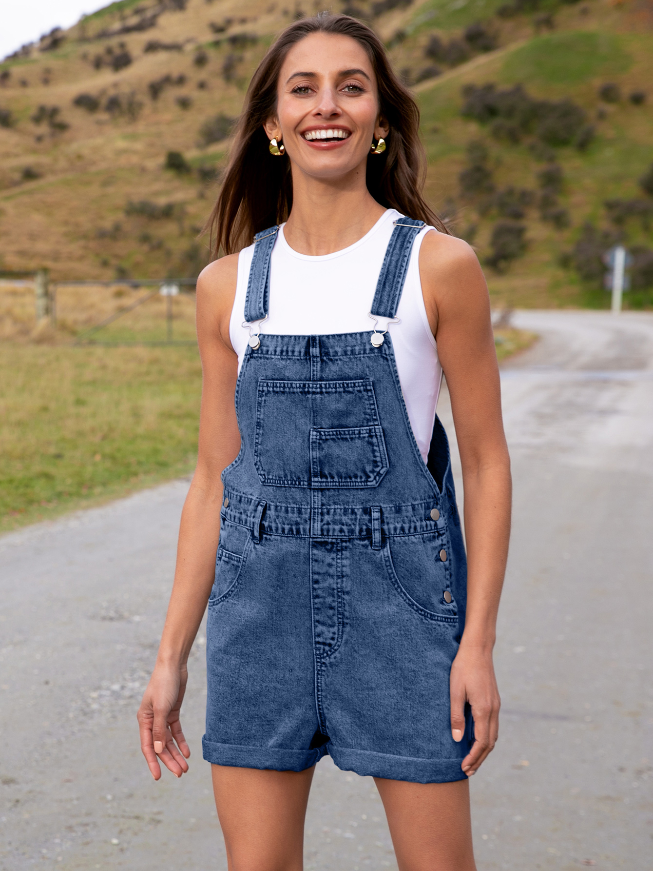 Casual Loose Fit Denim Romper with Pockets