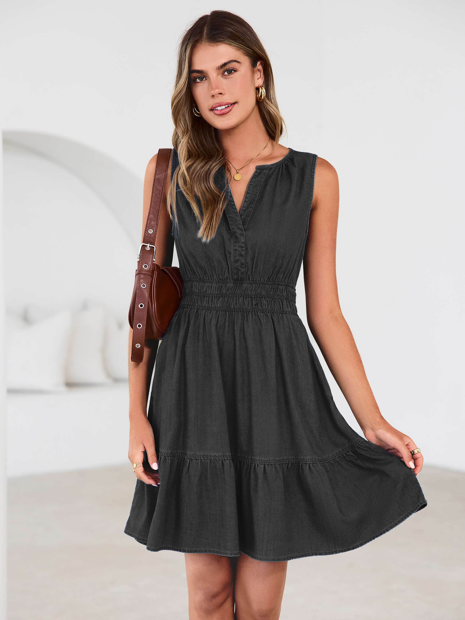 V Neck Sleeveless Lyocell Denim Mini Dress - Denim Black