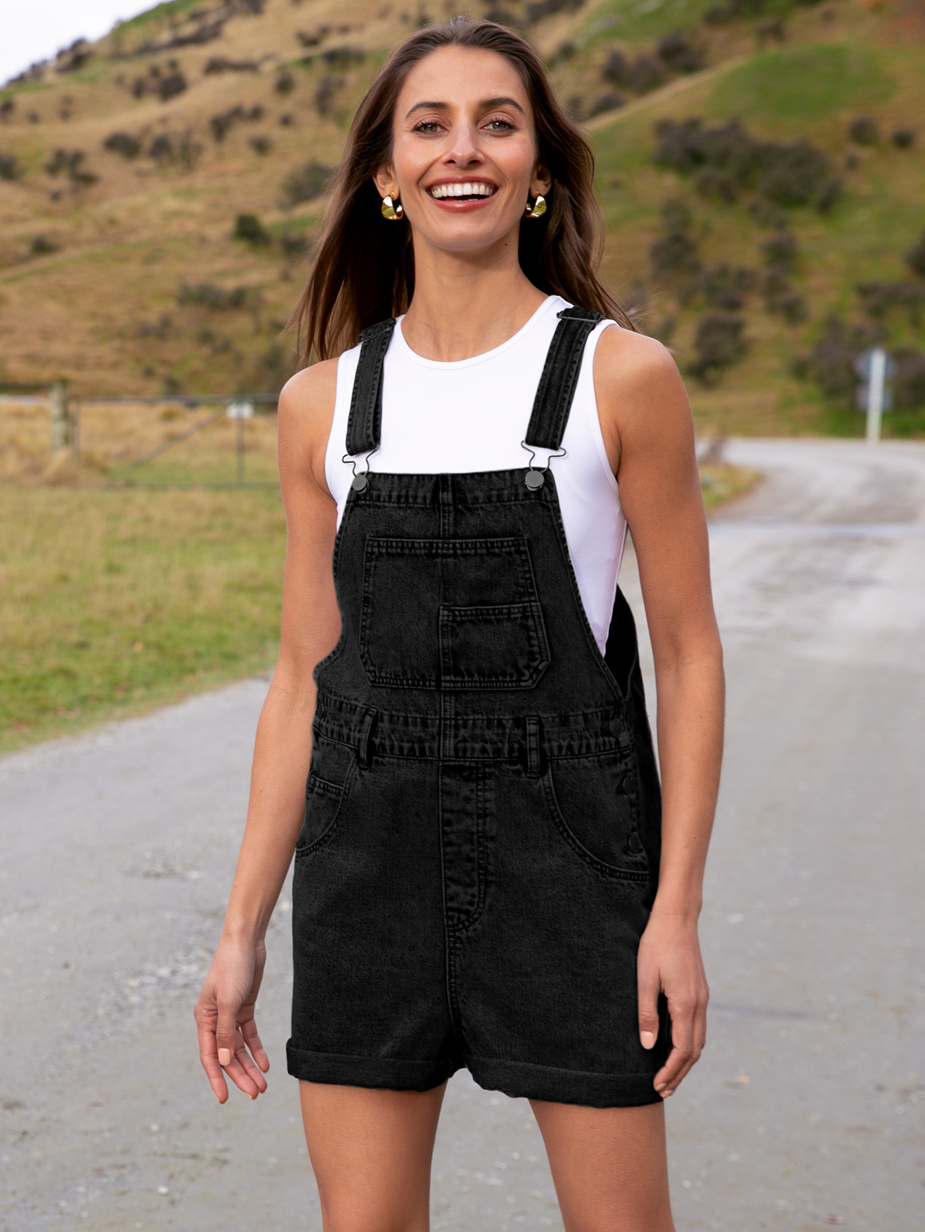 Casual Loose Fit Denim Romper with Pockets