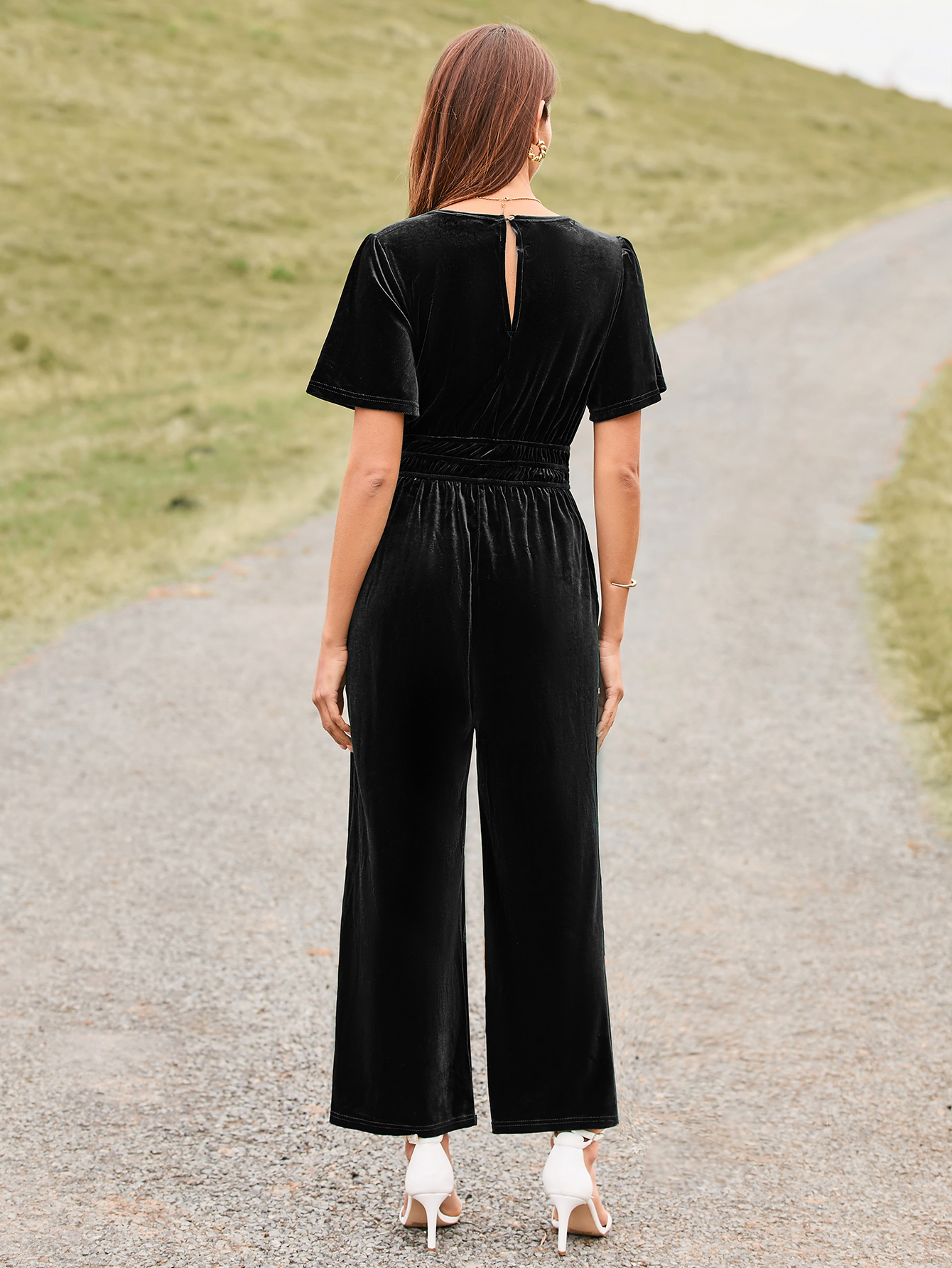 Velvet Short Sleeve V Neck Wide Leg Jumpsuit