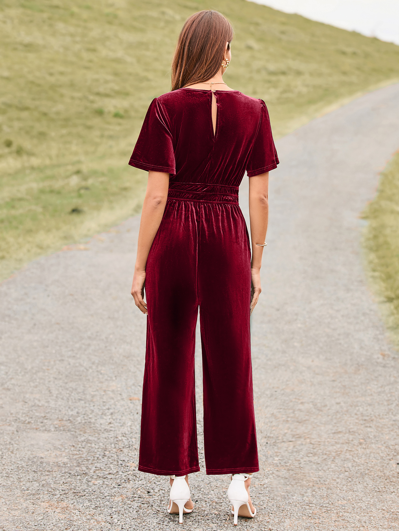 Velvet Short Sleeve V Neck Wide Leg Jumpsuit