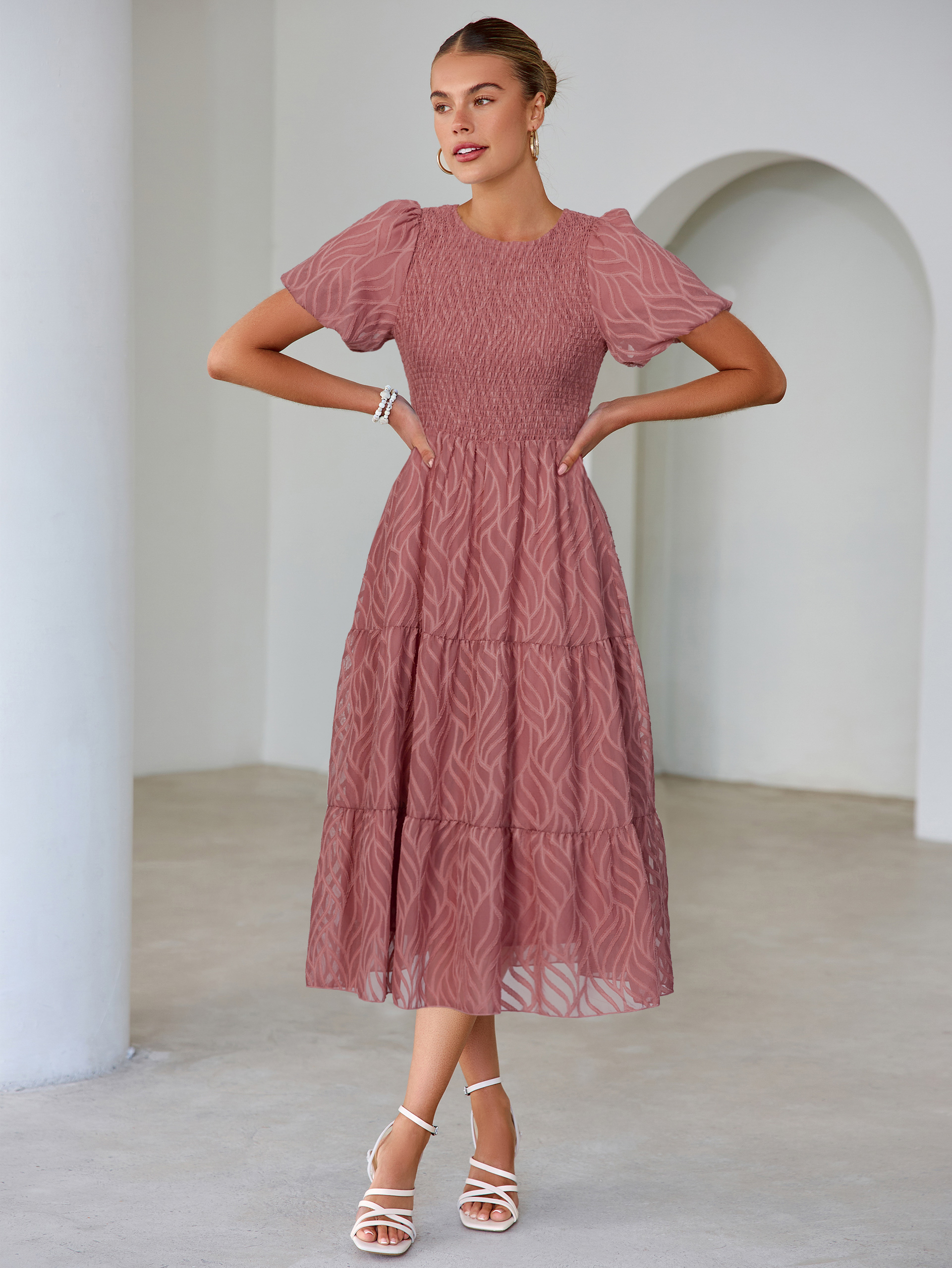 Puff Sleeve A Line Tiered Chiffon Maxi Dress