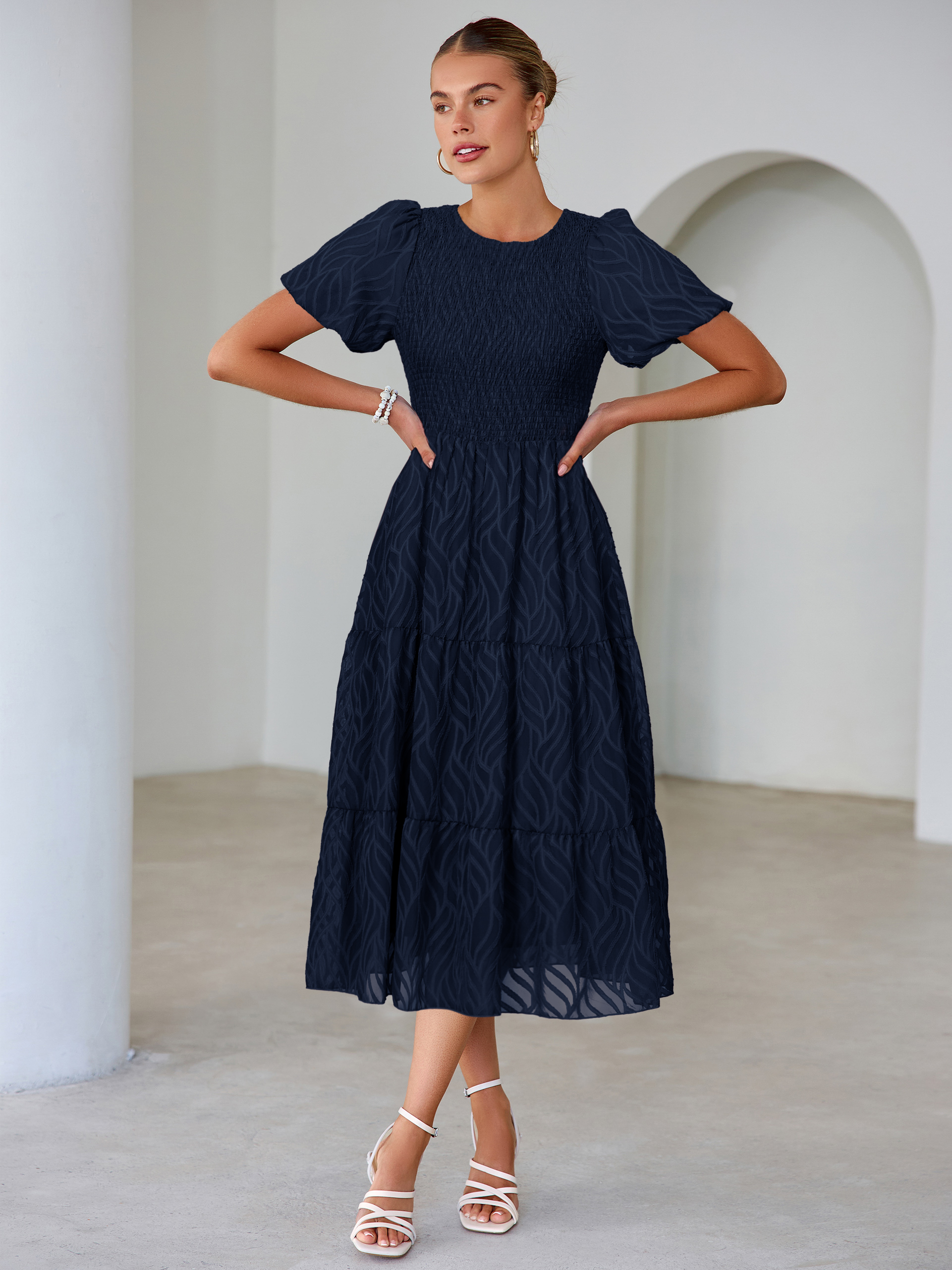 Puff Sleeve A Line Tiered Chiffon Maxi Dress