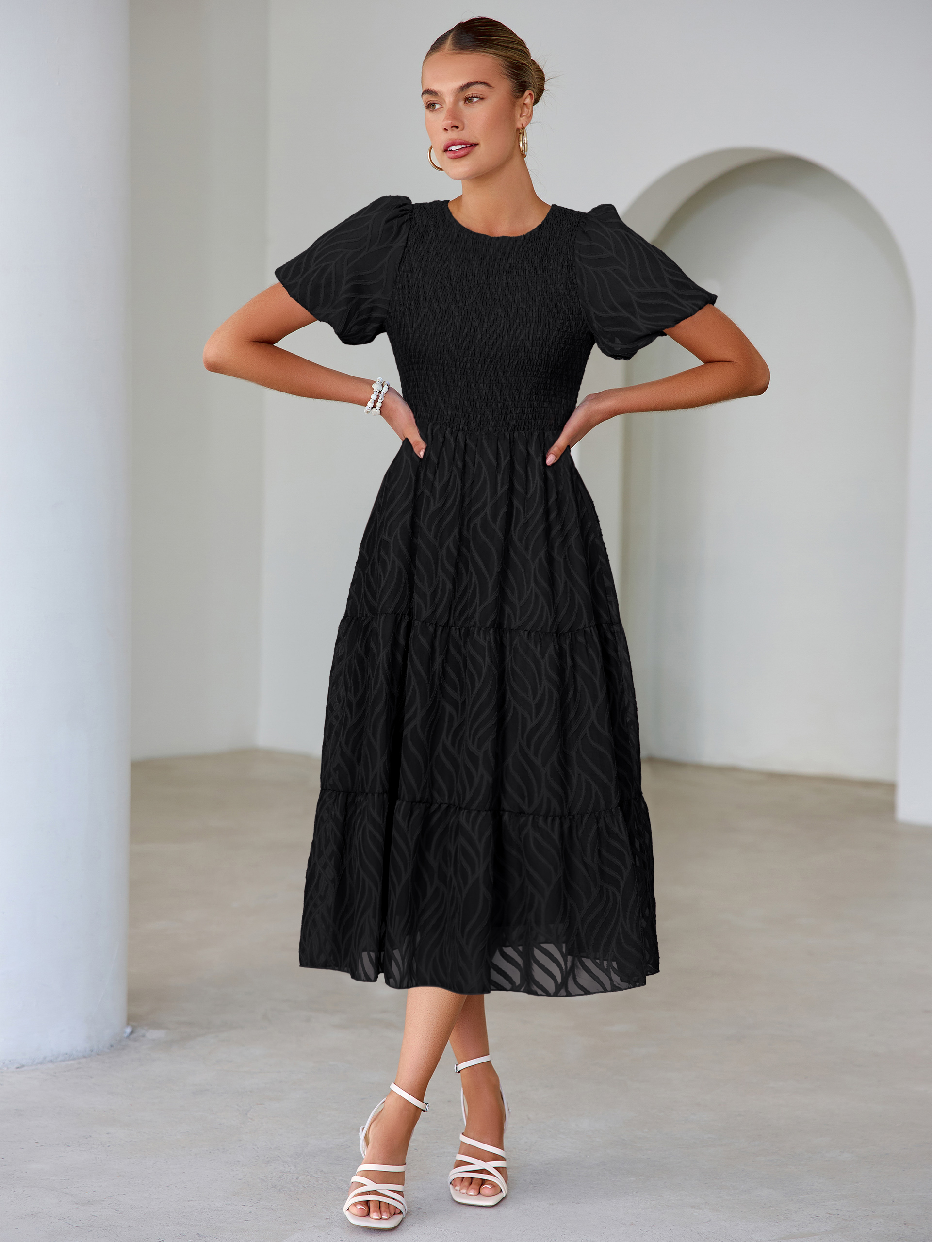 Puff Sleeve A Line Tiered Chiffon Maxi Dress