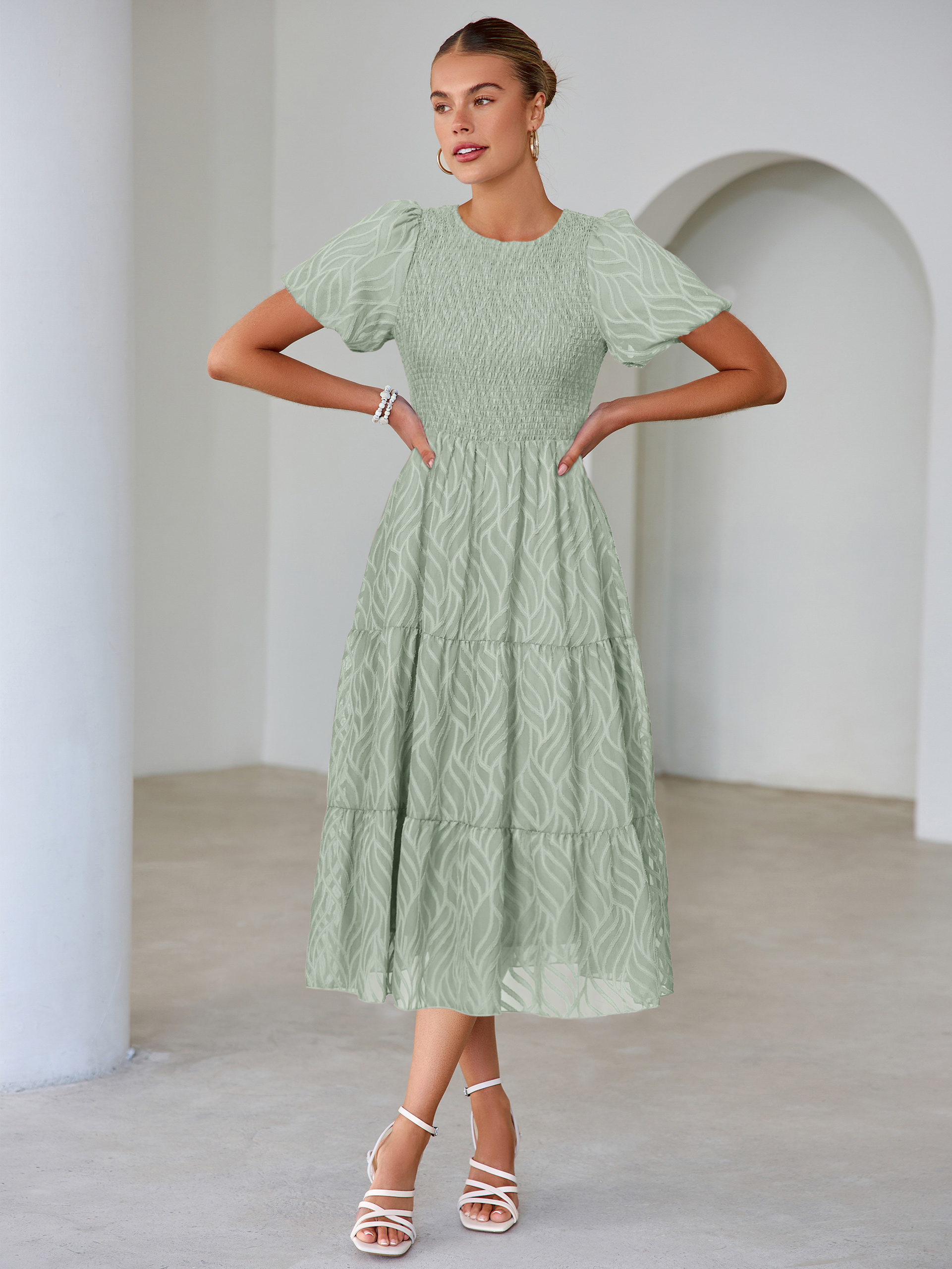 Puff Sleeve A Line Tiered Chiffon Maxi Dress