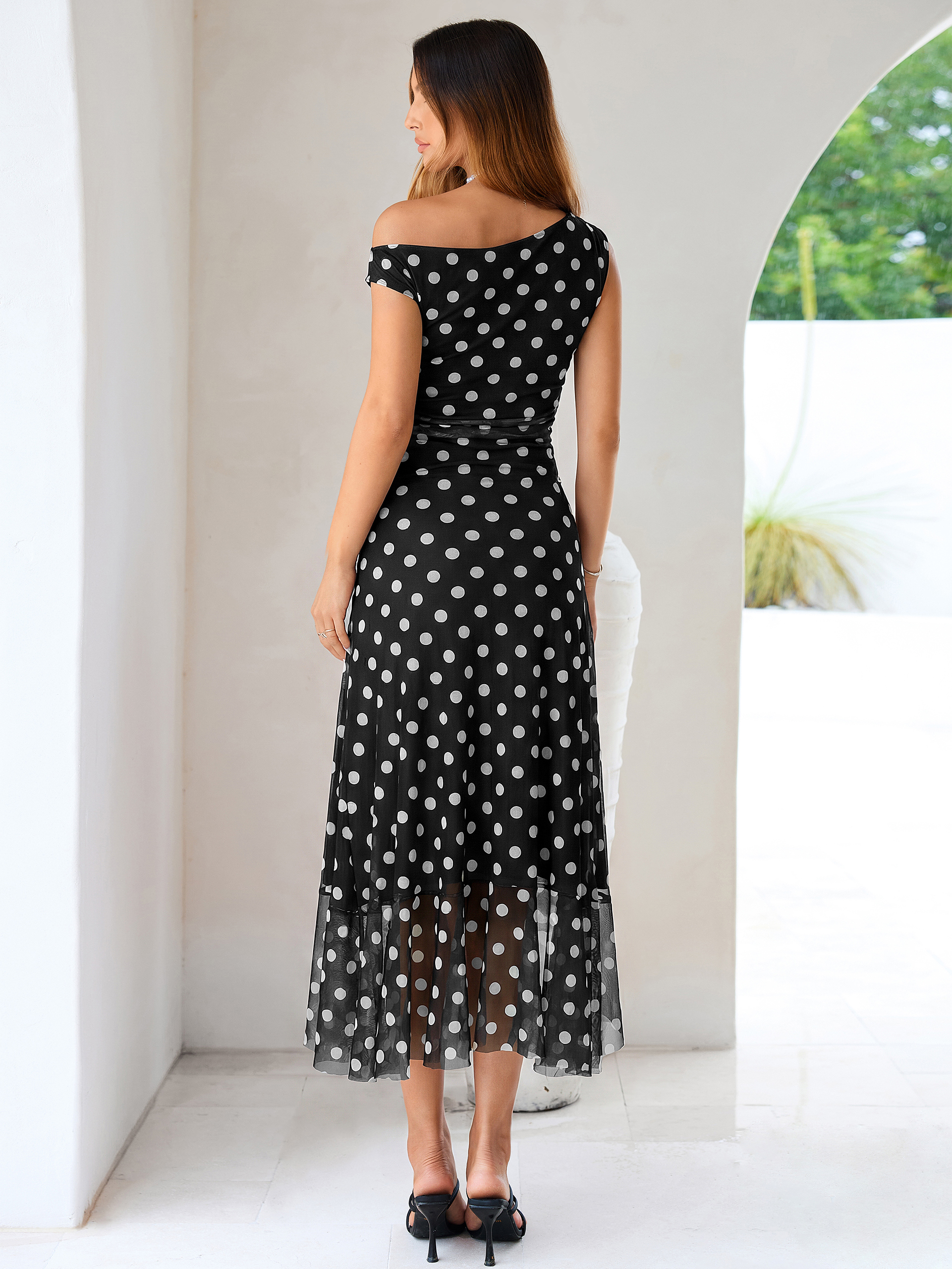 One-Shoulder Polka Dot Ruffle Midi Dress