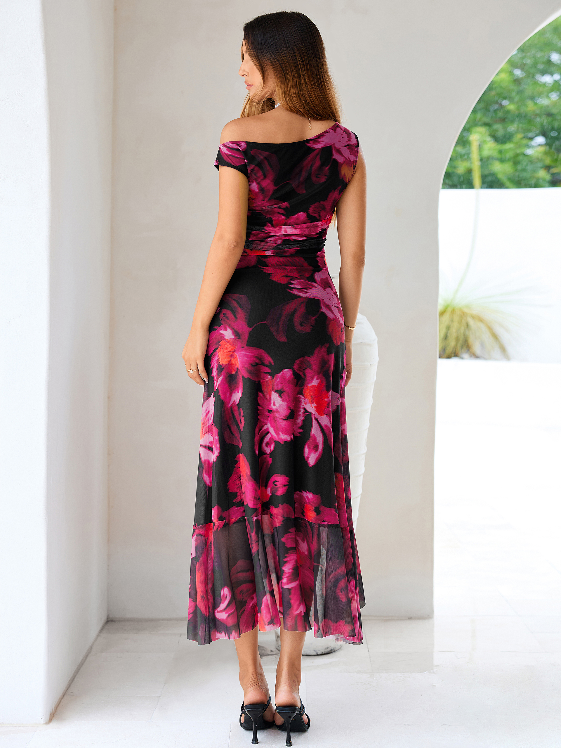 Floral One-Shoulder Mesh Ruched Midi Dress