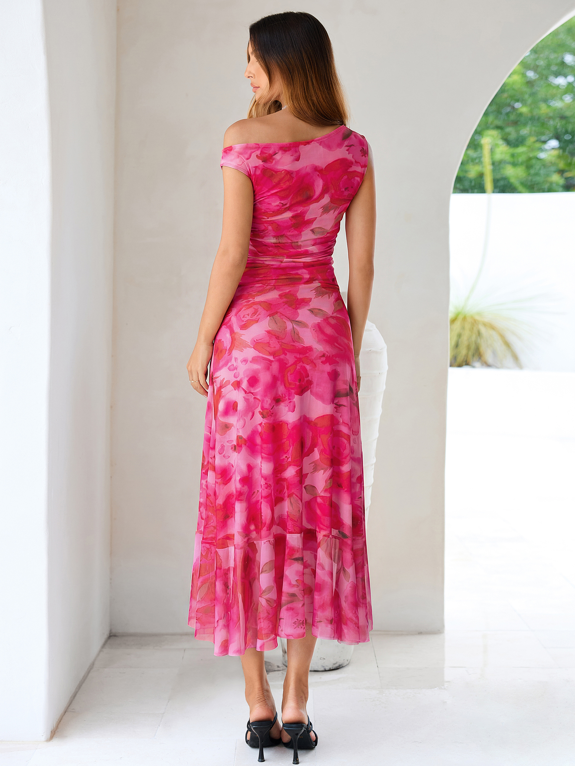 Floral One-Shoulder Mesh Ruched Midi Dress