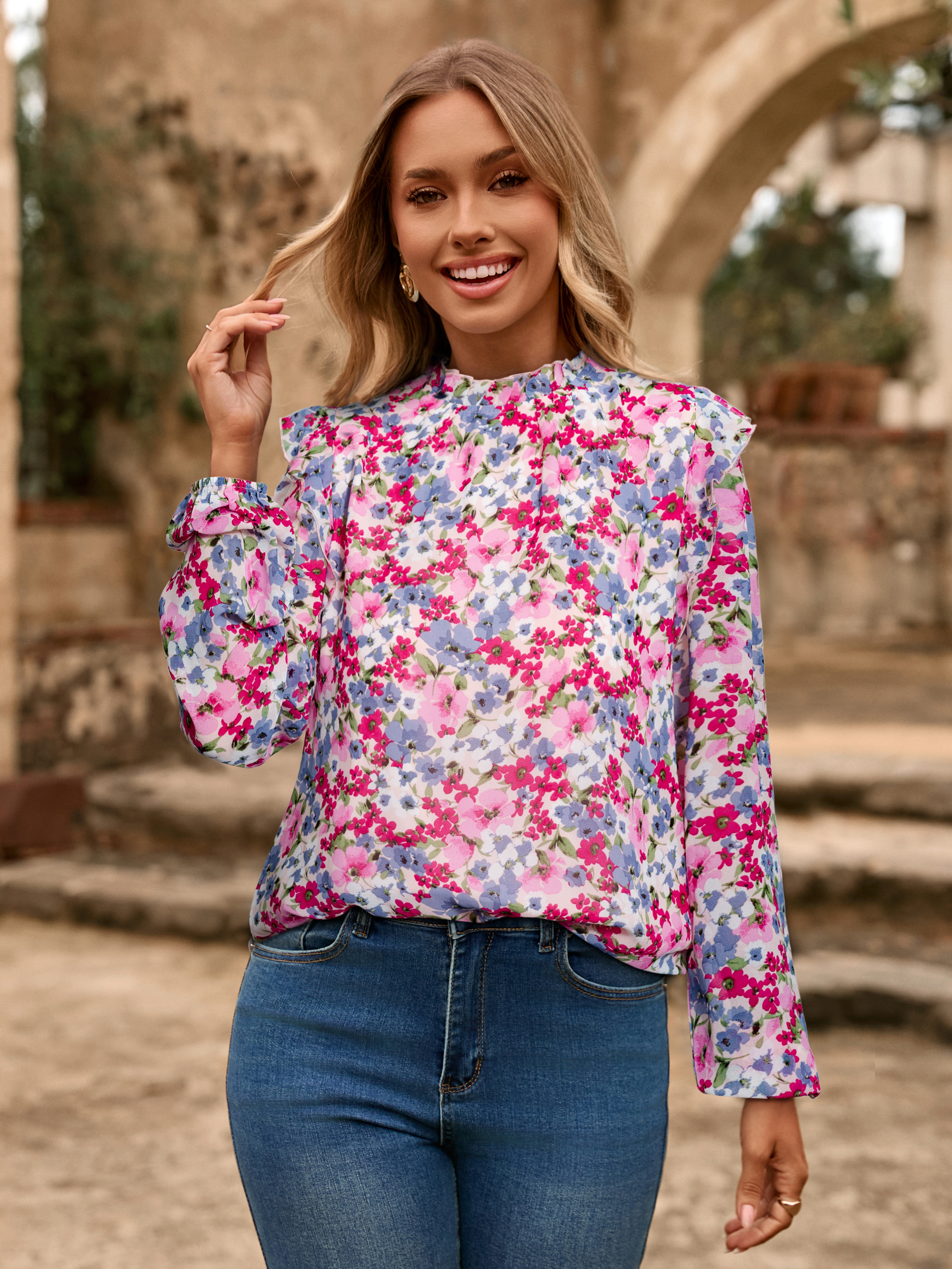 Boho Floral Ruffle Long Sleeve Blouse