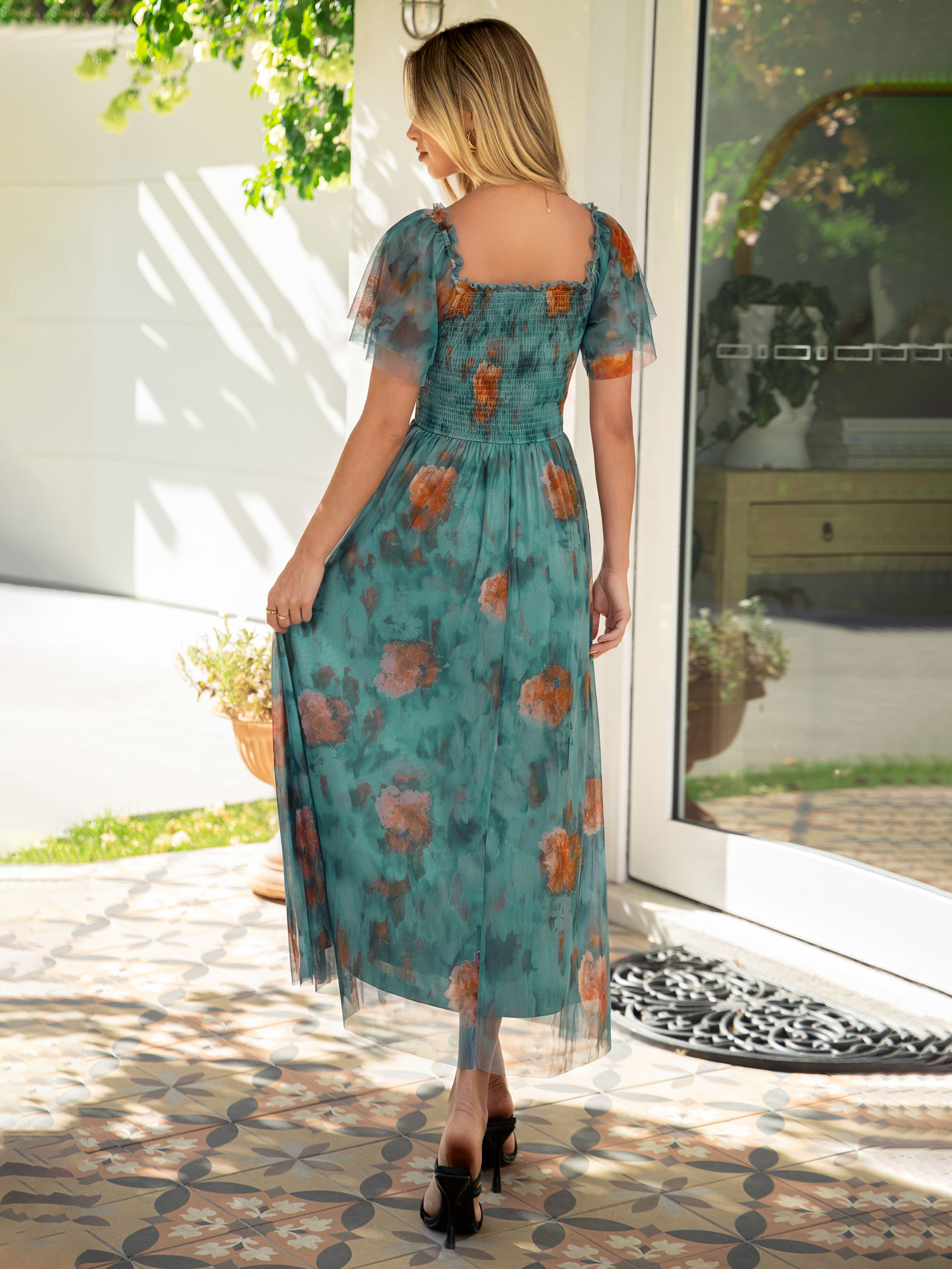 Floral Square Neck Smocked Flutter Sleeve Maxi Dress