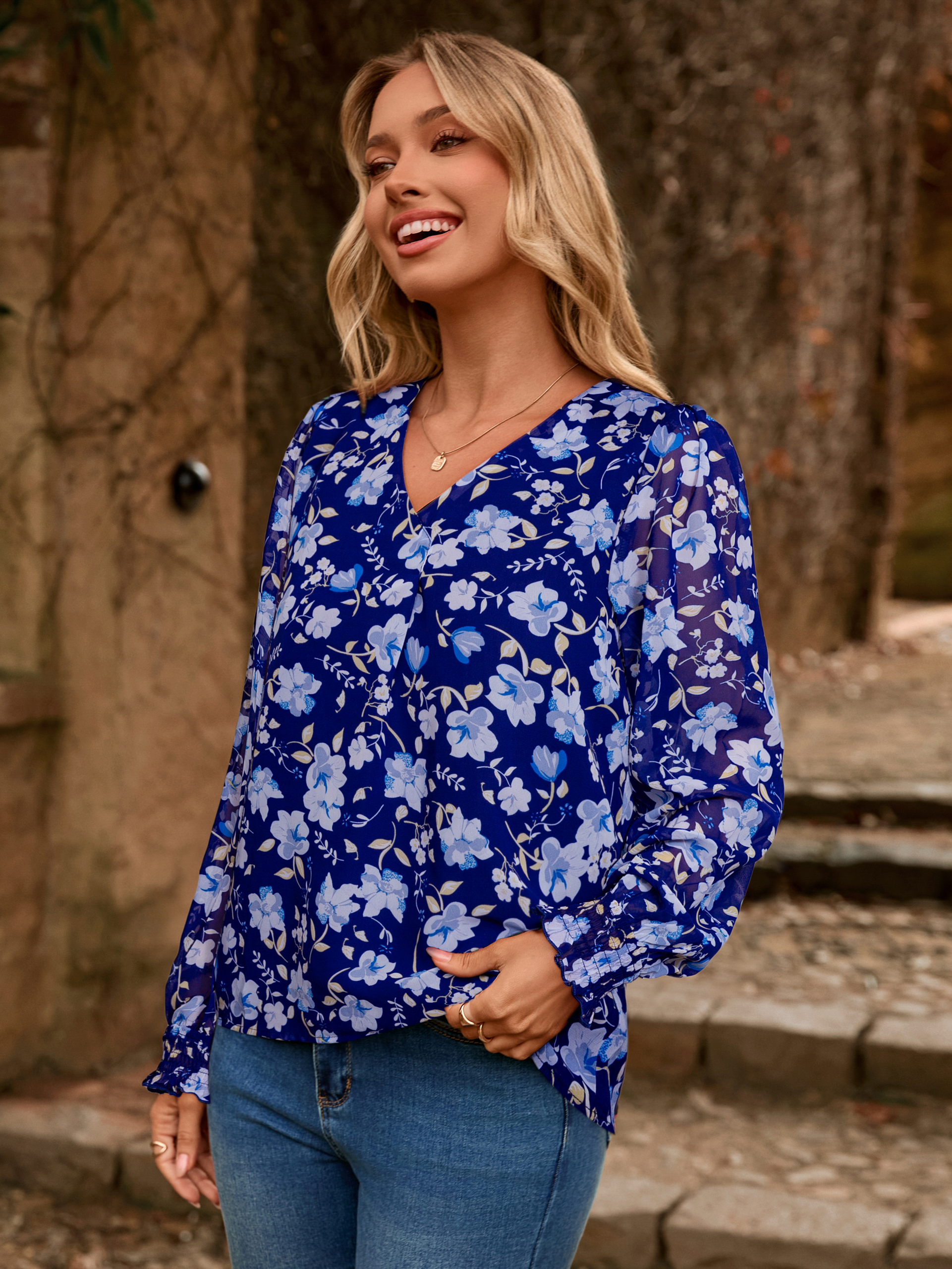 Floral V Neck Long Sleeve Blouse