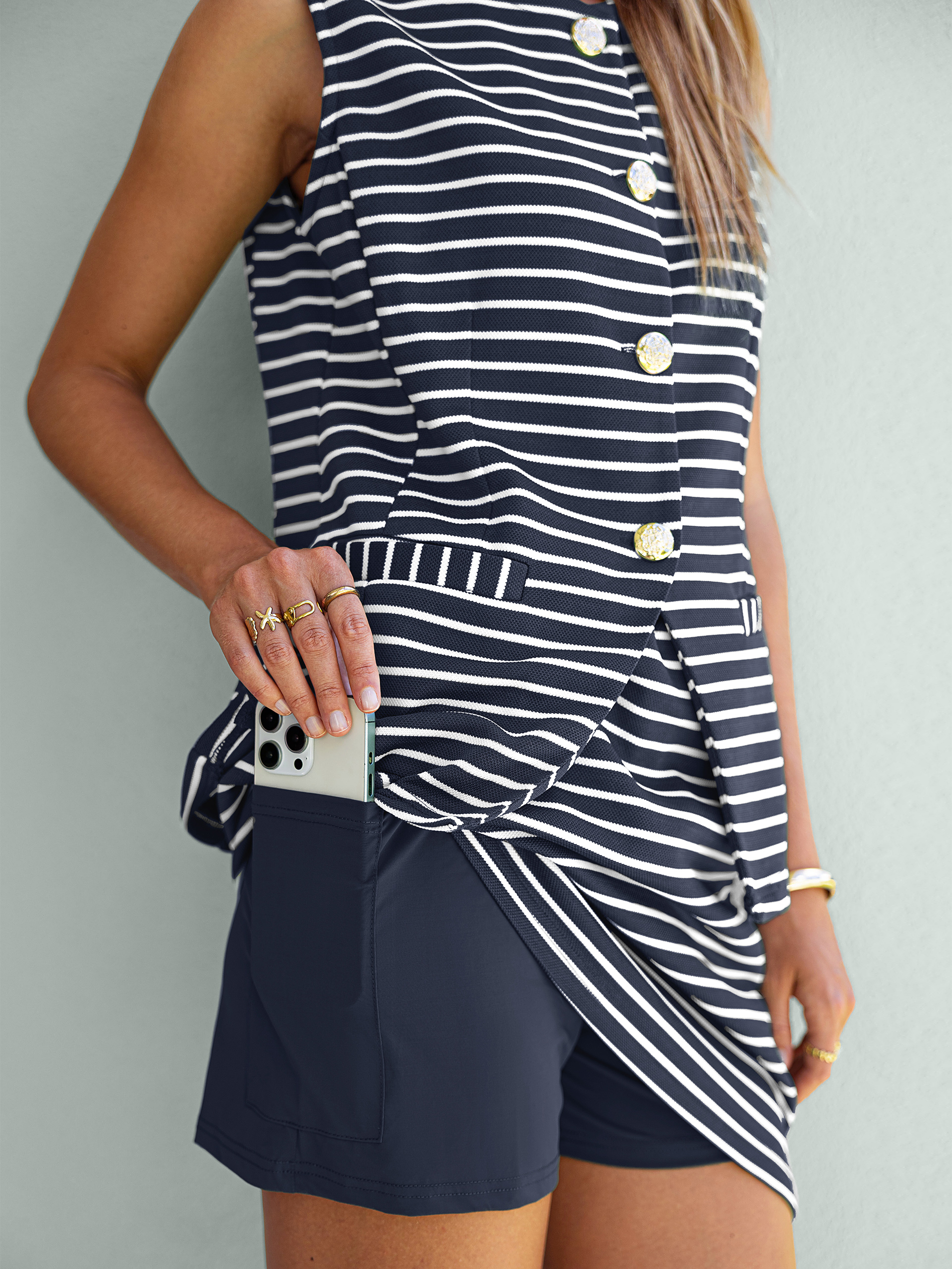 Striped Button Down Vest and Skort Set