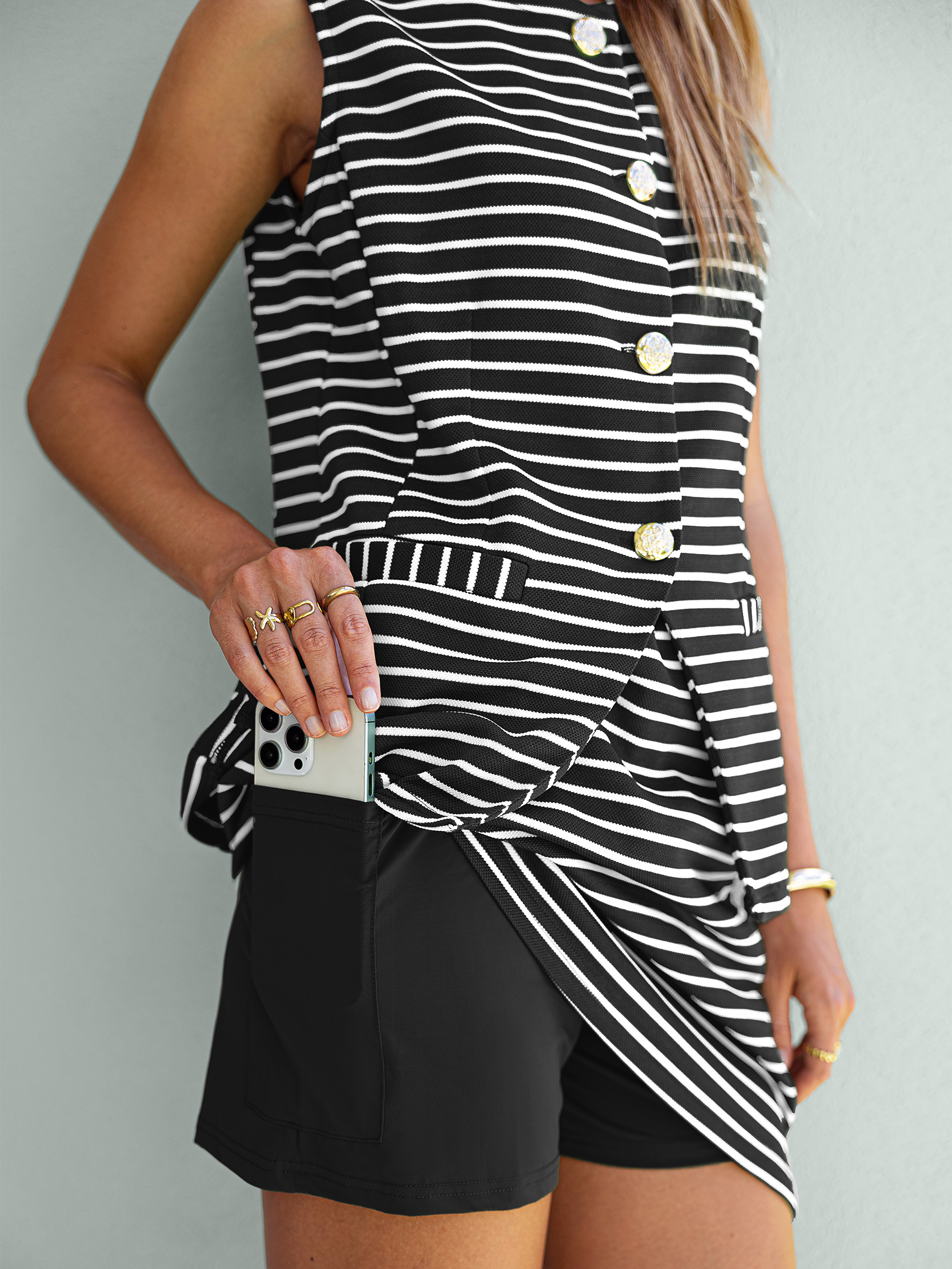 Striped Button Down Vest and Skort Set