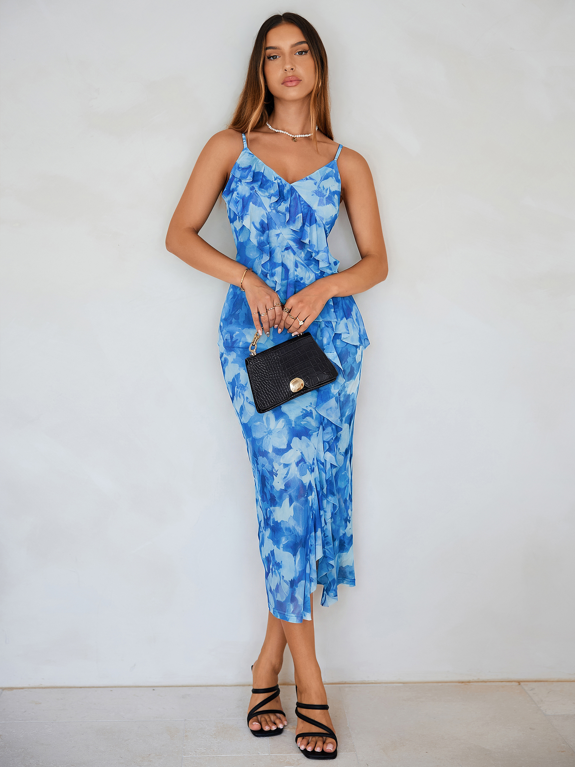 Floral V Neck Ruffle Mesh Maxi Dress with Slit