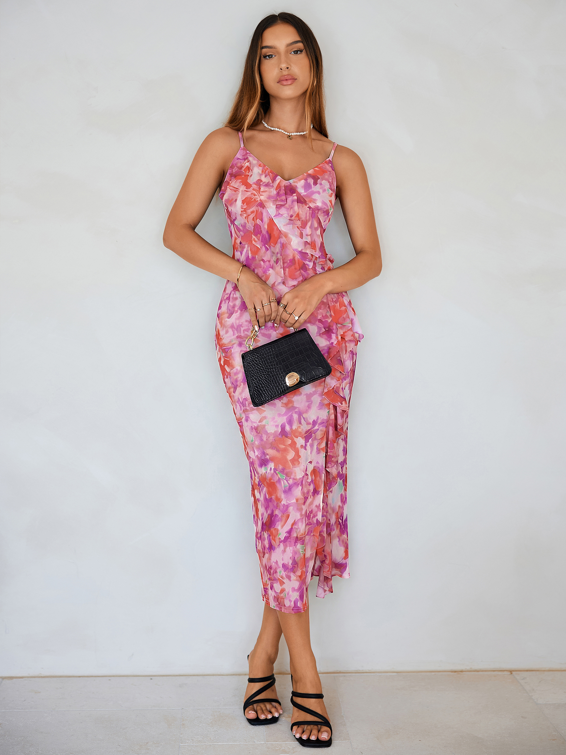 Floral V Neck Ruffle Mesh Maxi Dress with Slit