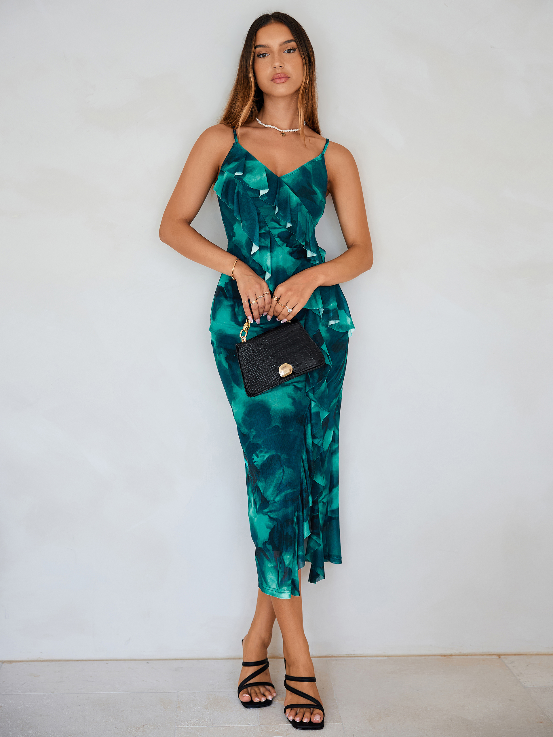 Floral V Neck Ruffle Mesh Maxi Dress with Slit