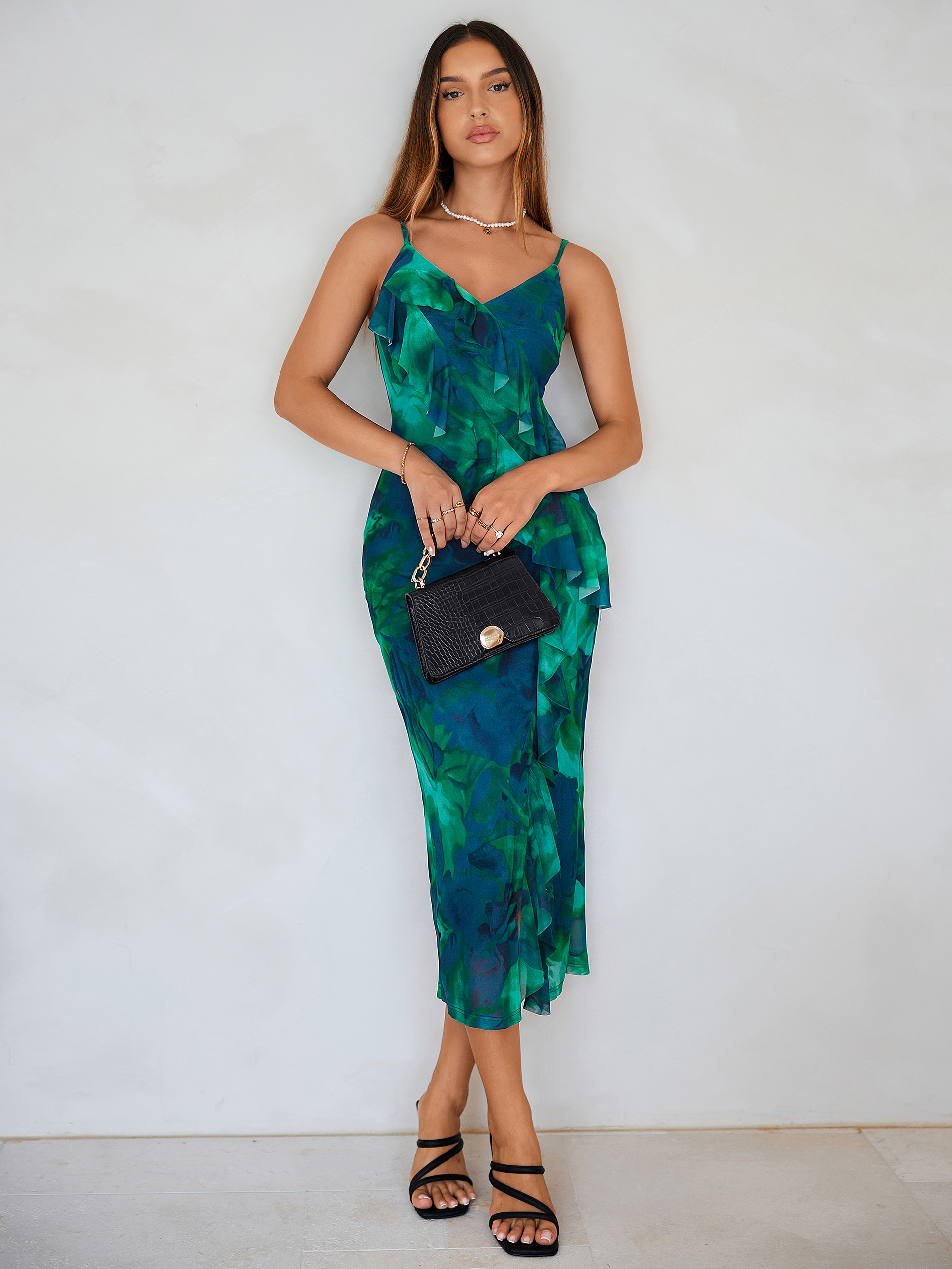 Floral V Neck Ruffle Mesh Maxi Dress with Slit