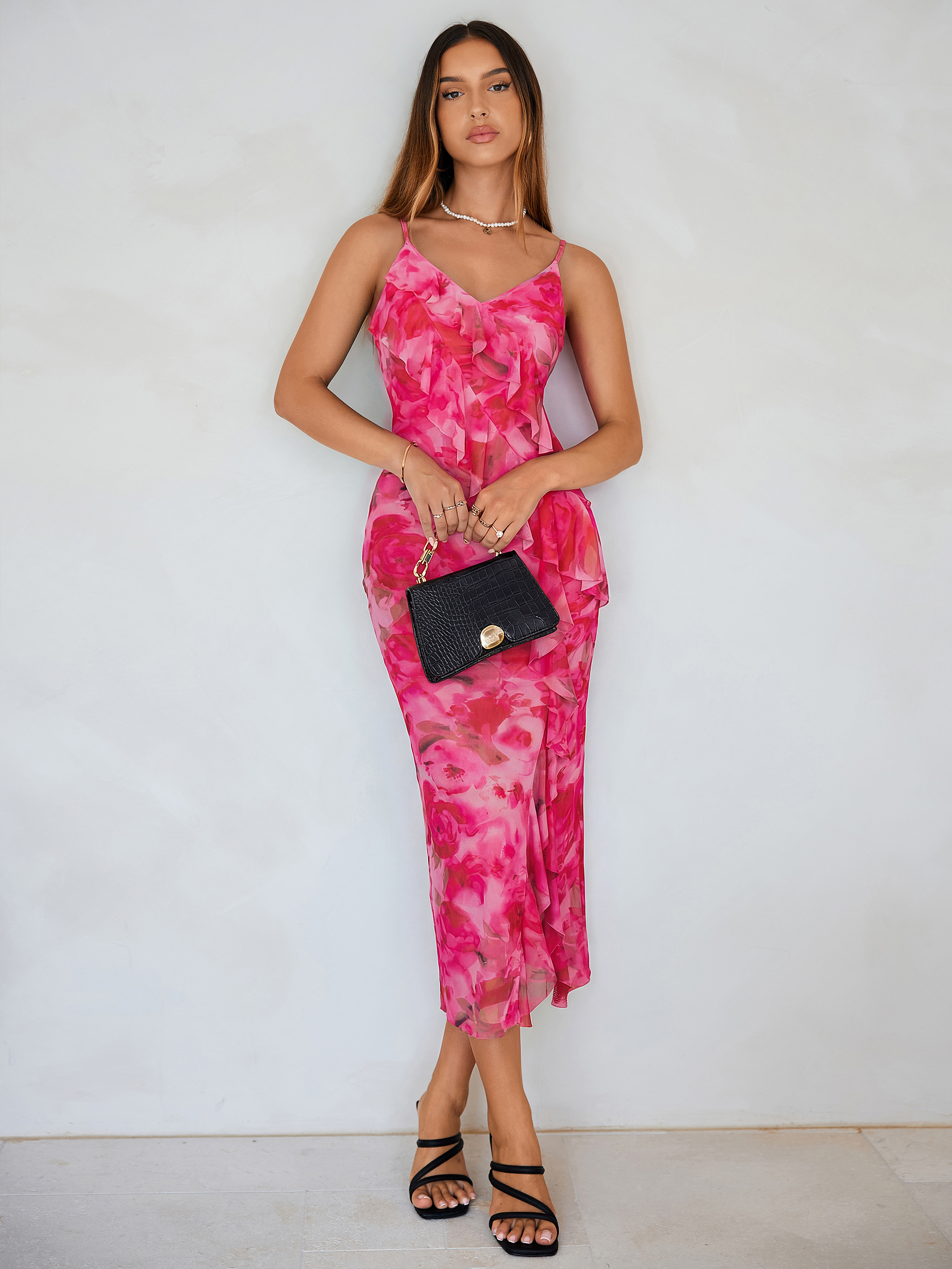 Floral V Neck Ruffle Mesh Maxi Dress with Slit