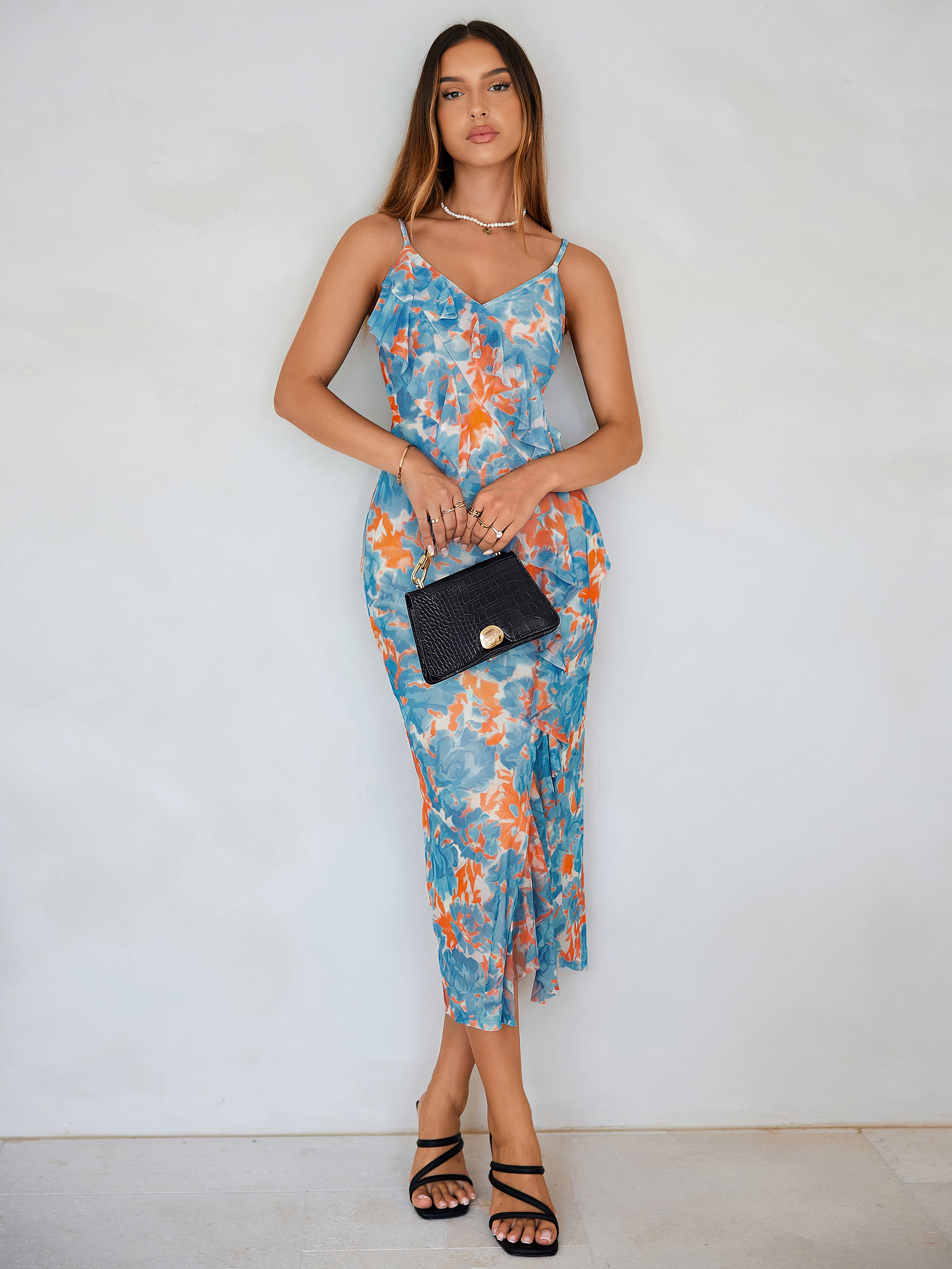 Floral V Neck Ruffle Mesh Maxi Dress with Slit