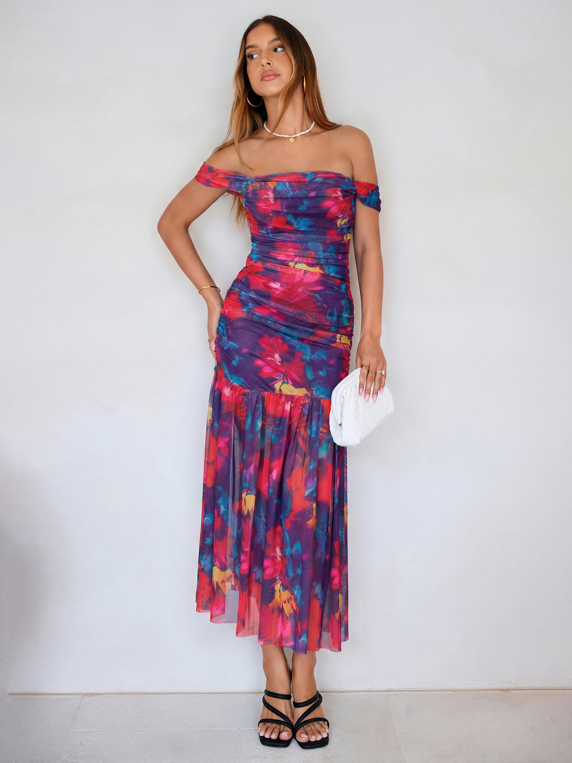 Floral Off Shoulder Ruched Mesh Maxi Dress