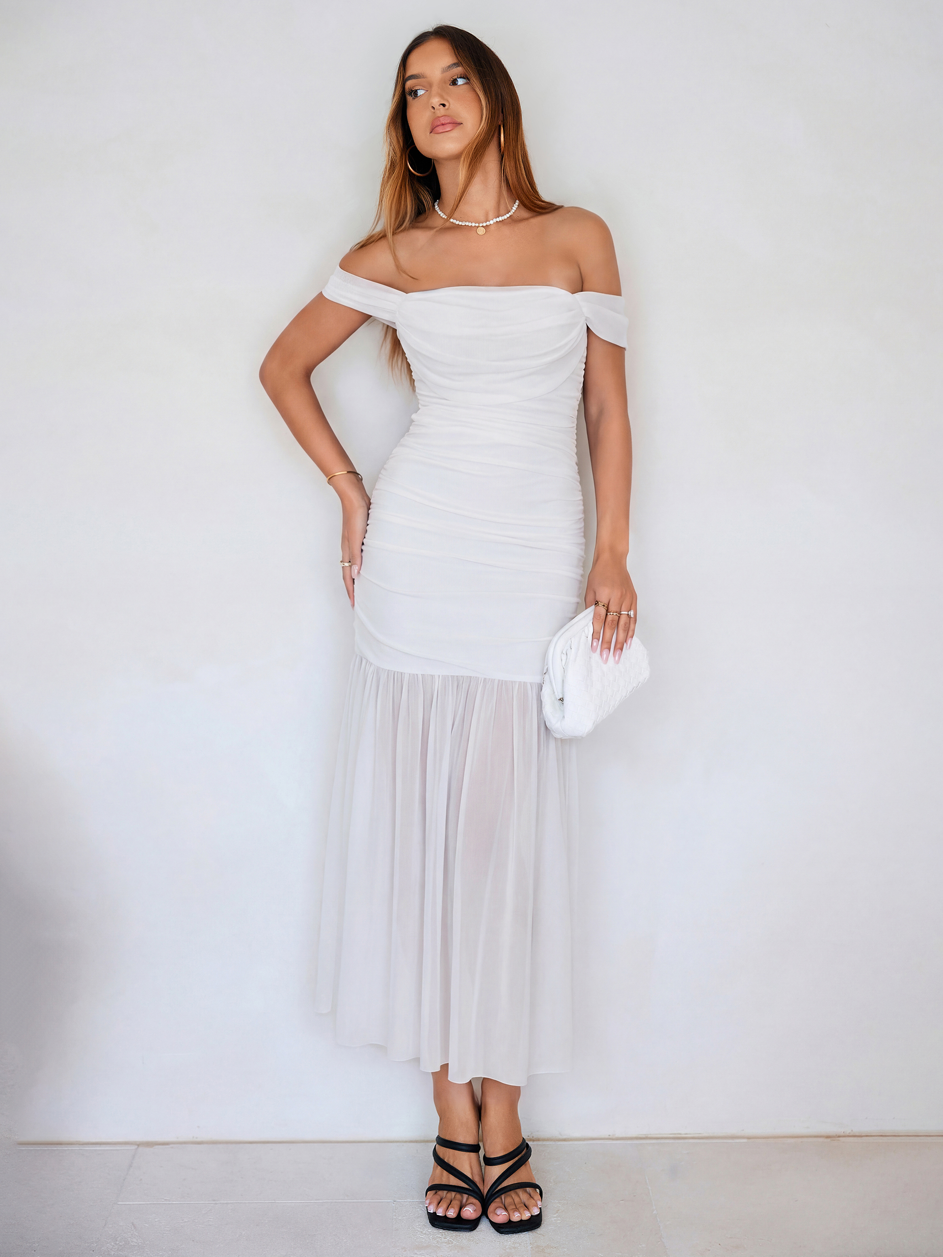 Off Shoulder Ruched Mesh Maxi Dress