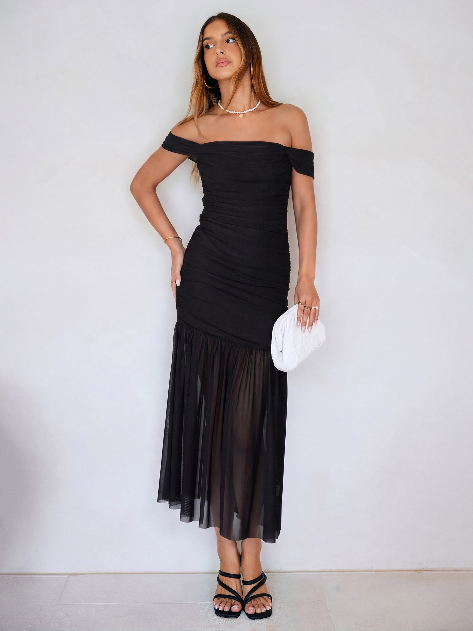 Off Shoulder Ruched Mesh Maxi Dress