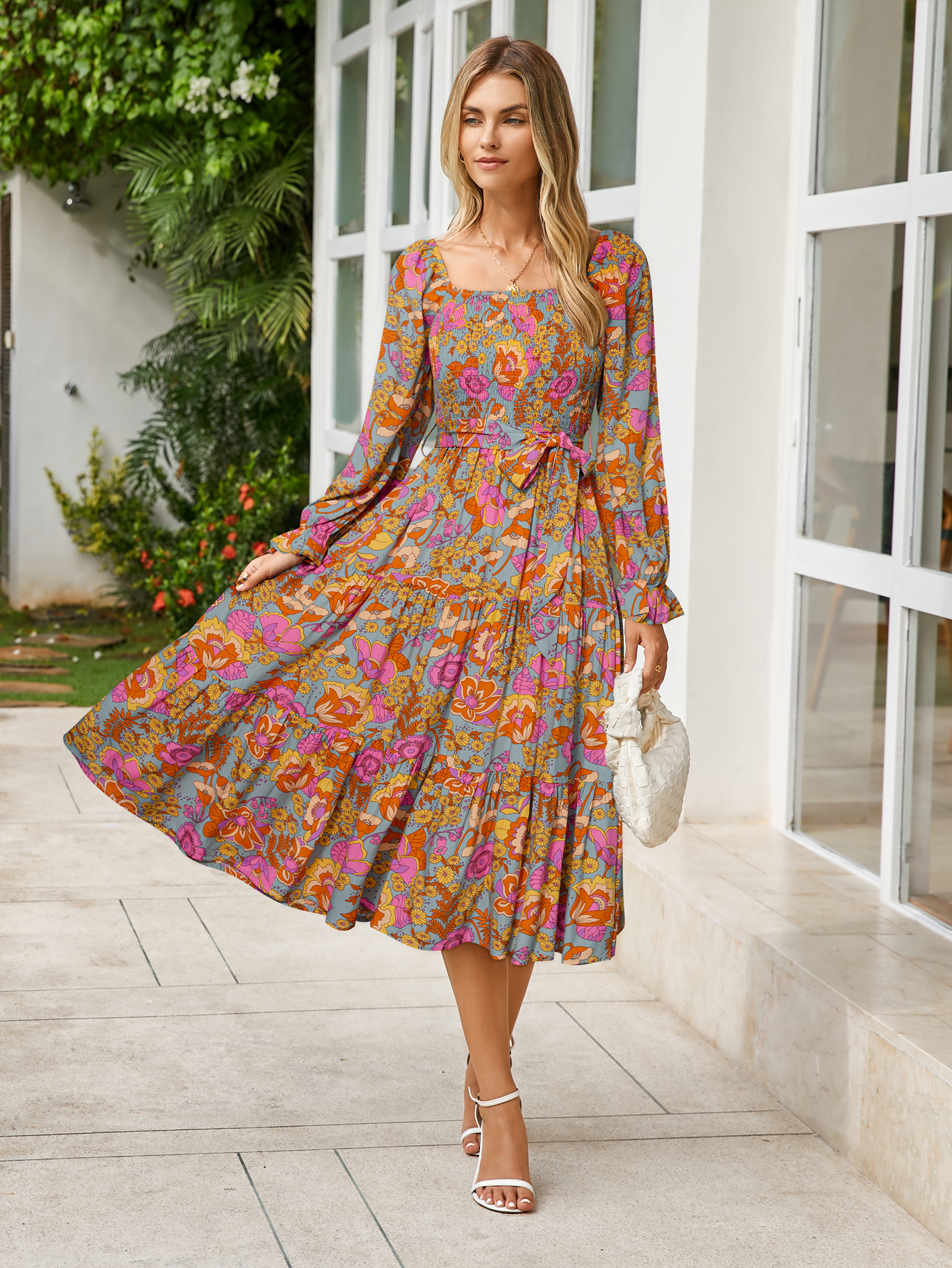 Floral Tiered Puff Sleeve Smocked Maxi Dress - Orange Floral