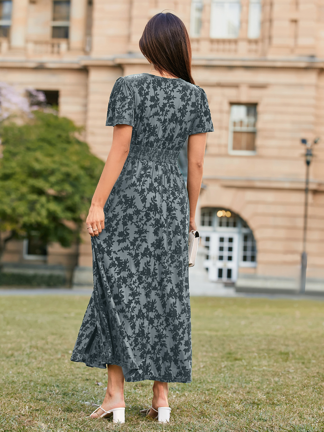 Velvet Floral Slit V-Neck Flutter Sleeve Maxi Dress - Dusty Blue