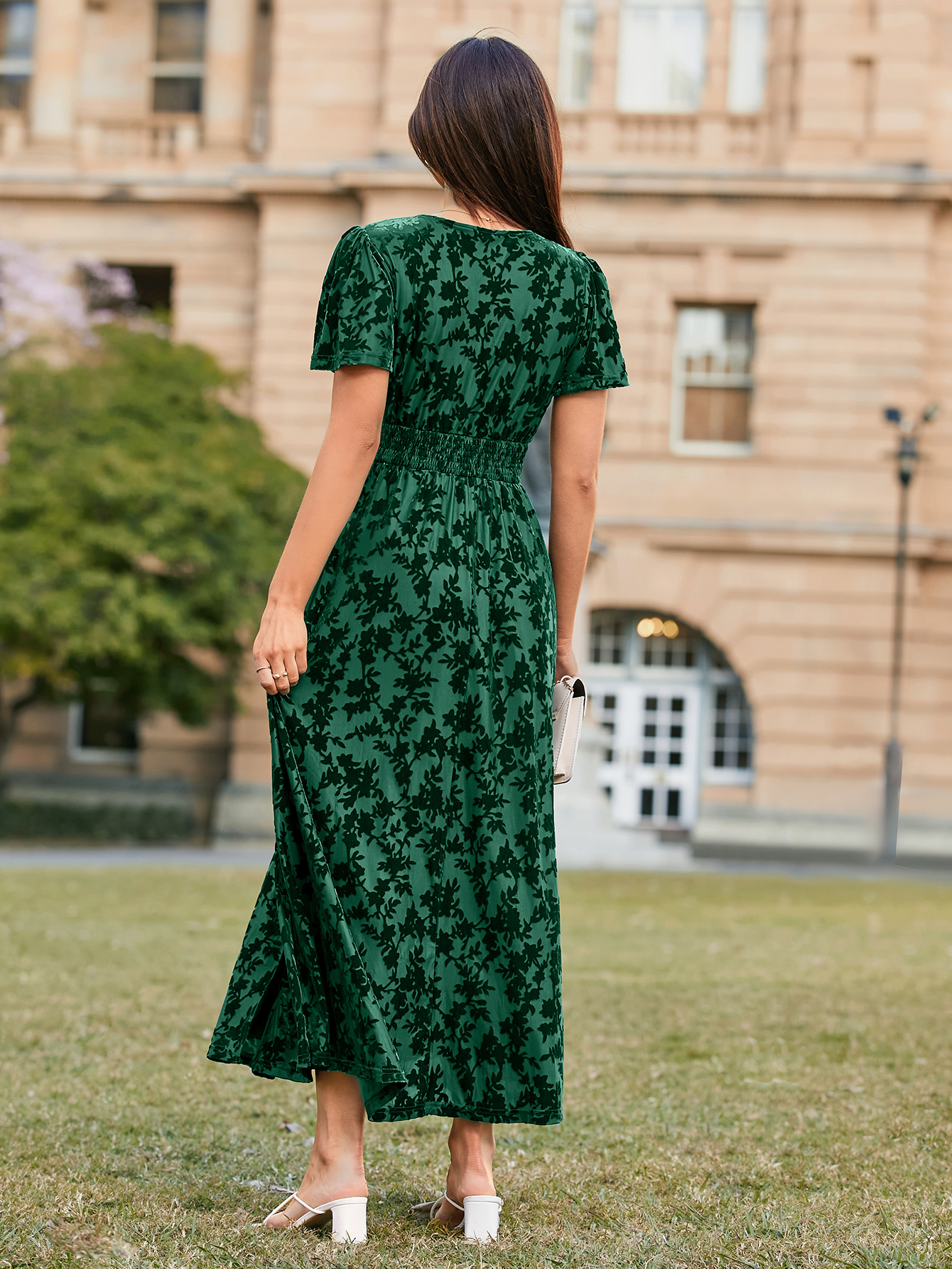 Velvet Floral Slit V-Neck Flutter Sleeve Maxi Dress - Green