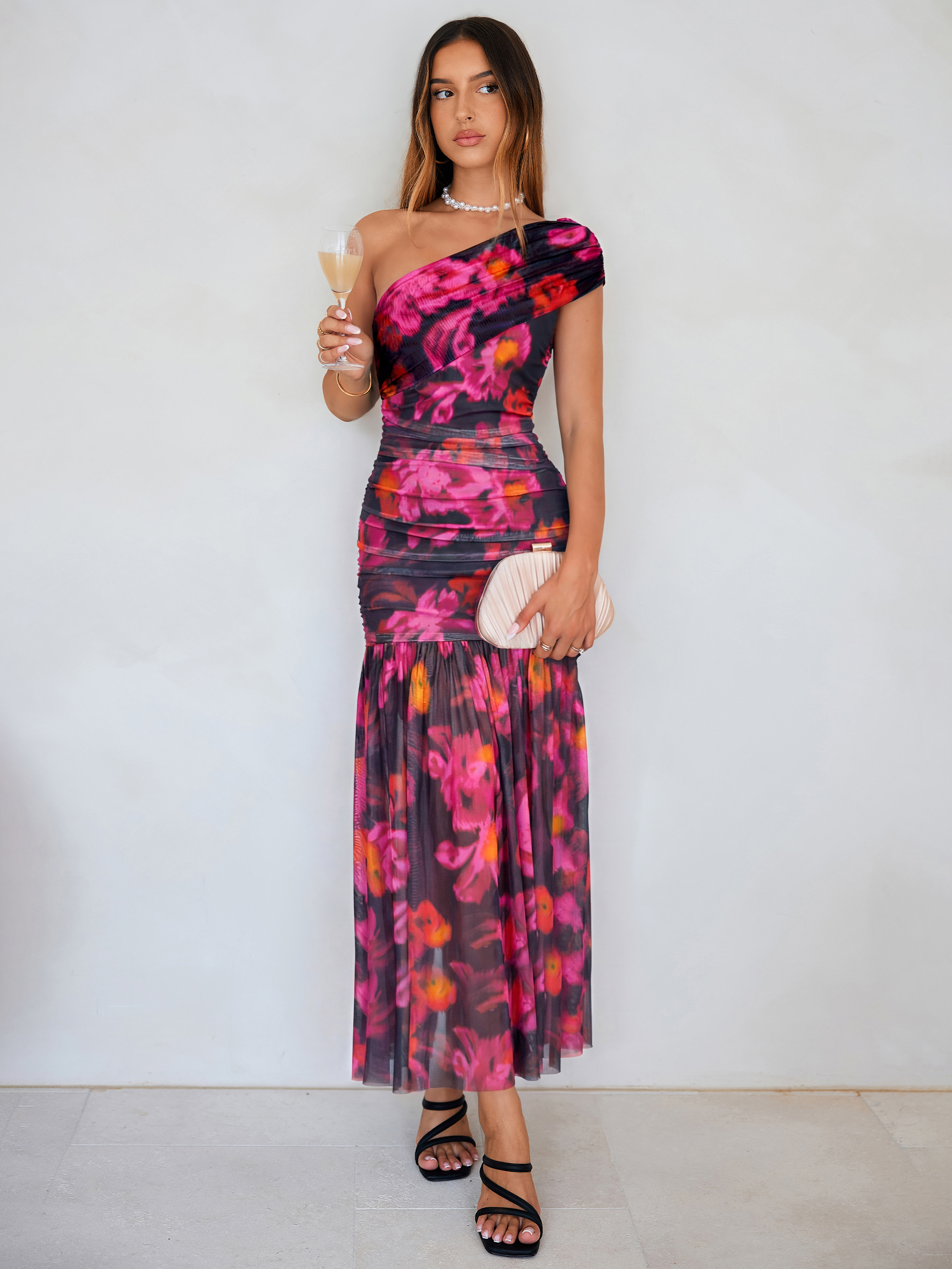One Shoulder Floral Ruched Mesh Bodycon Dress