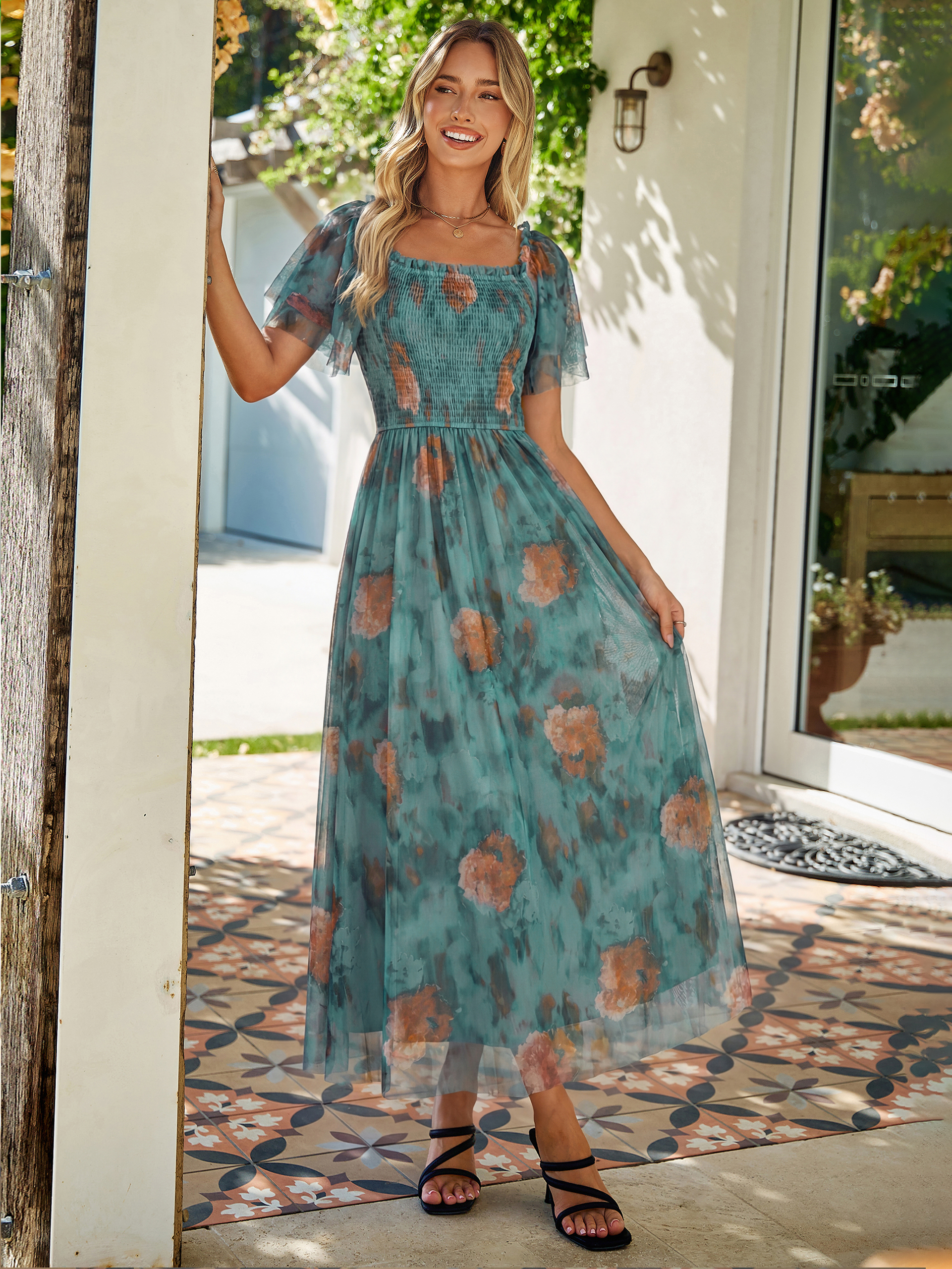 Floral Square Neck Smocked Flutter Sleeve Maxi Dress