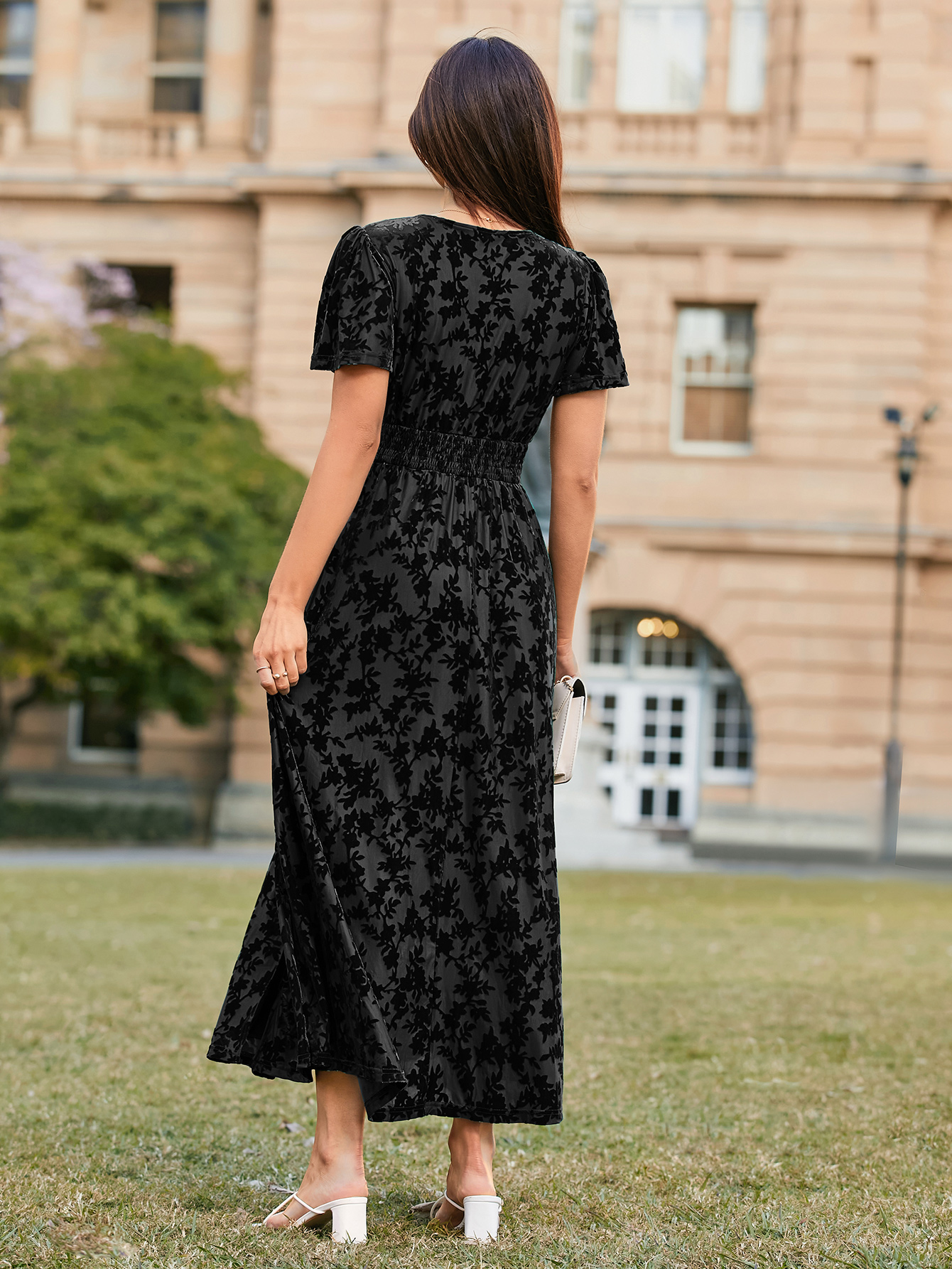 Velvet Floral Slit V-Neck Flutter Sleeve Maxi Dress - Black