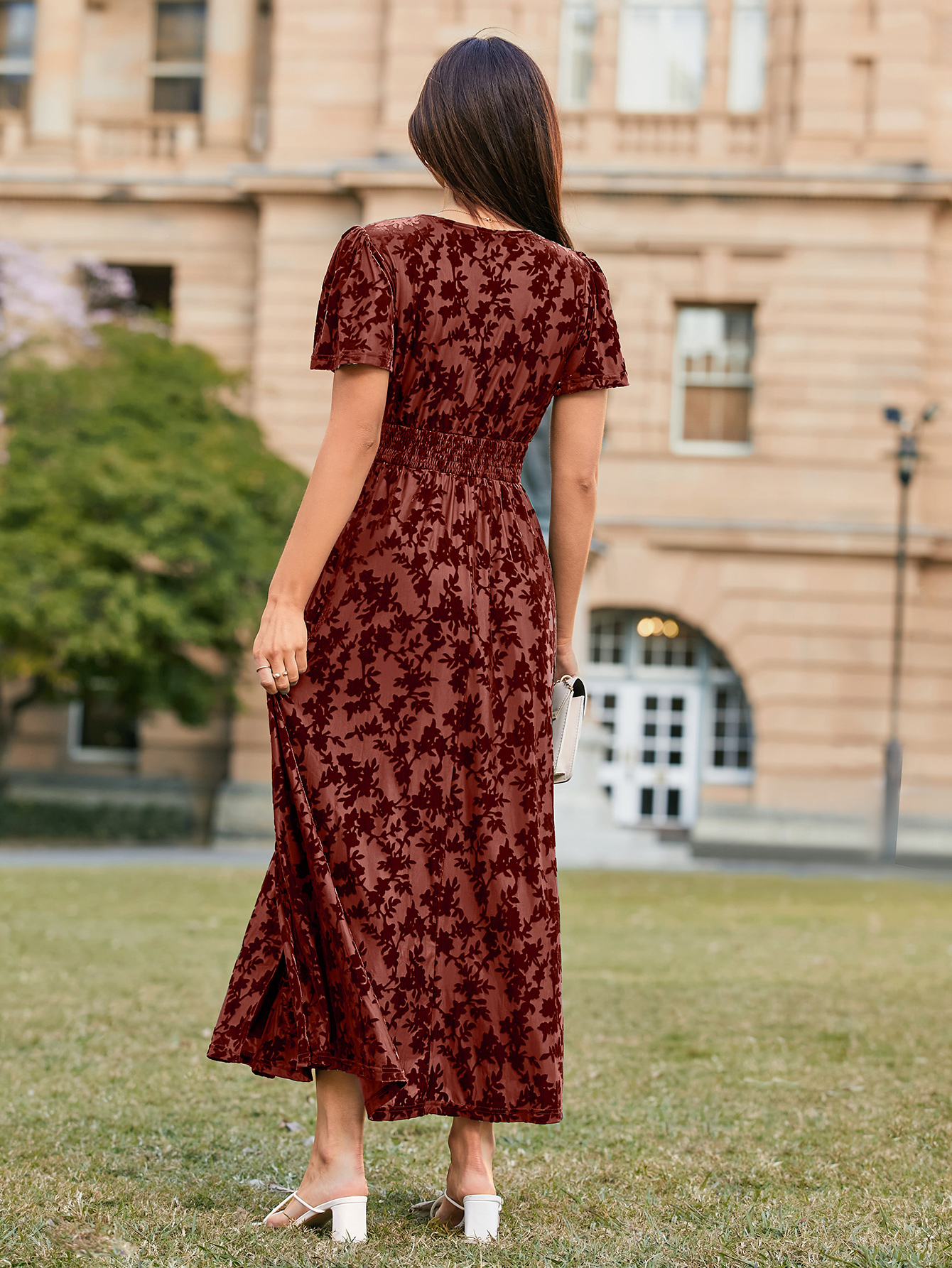 Velvet Floral Slit V-Neck Flutter Sleeve Maxi Dress - Rust
