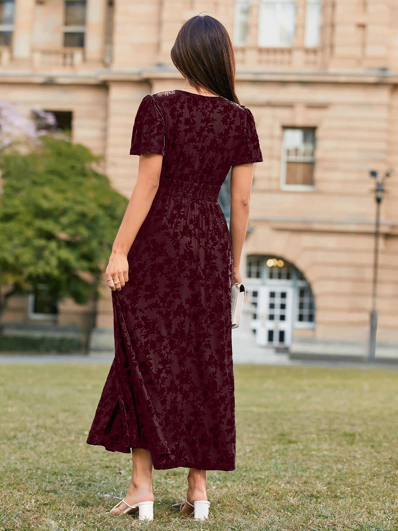 Velvet Floral Slit V-Neck Flutter Sleeve Maxi Dress - Burgundy