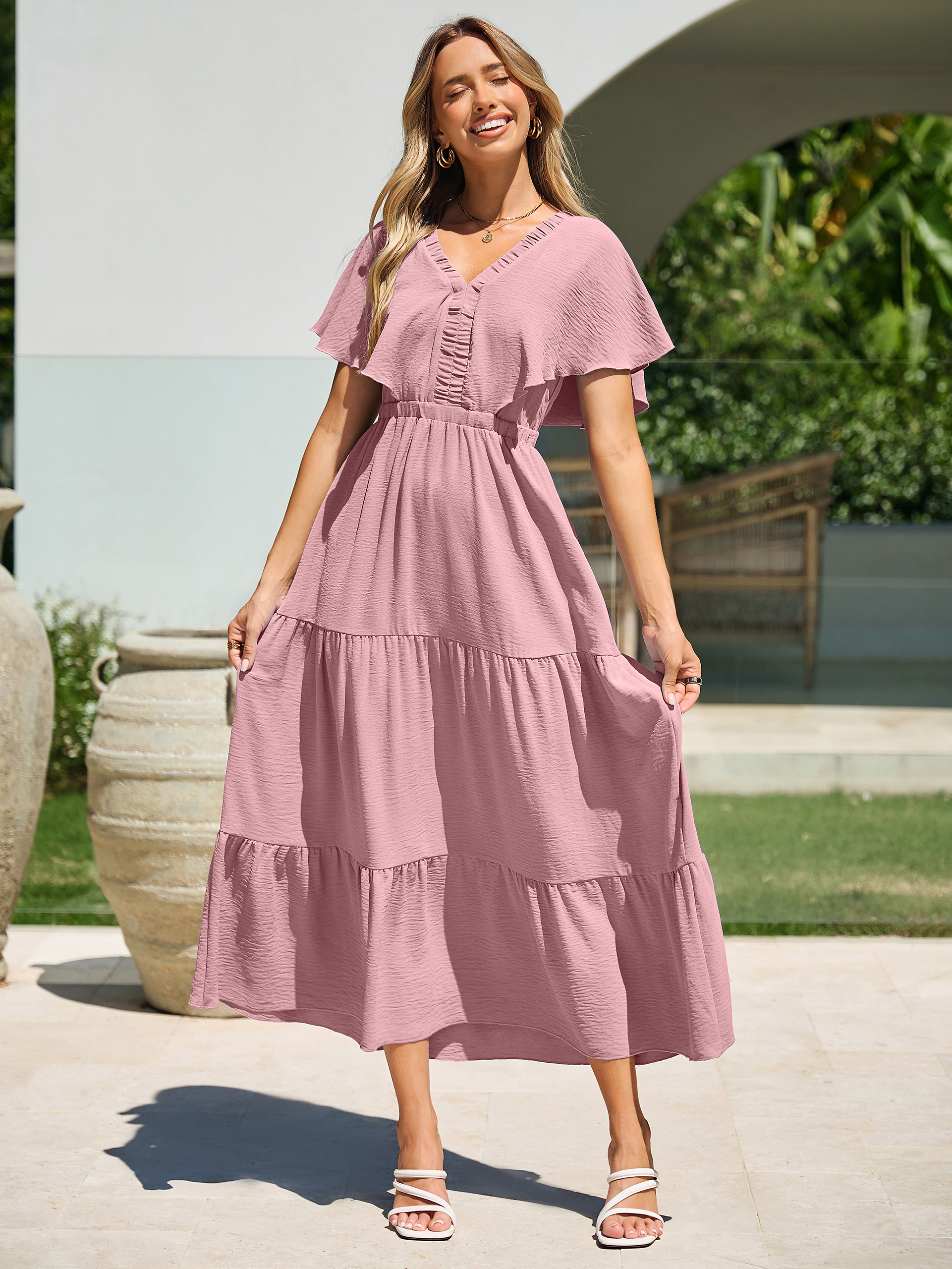 Solid Color Tiered V-Neck Ruffle Sleeve Maxi Dress
