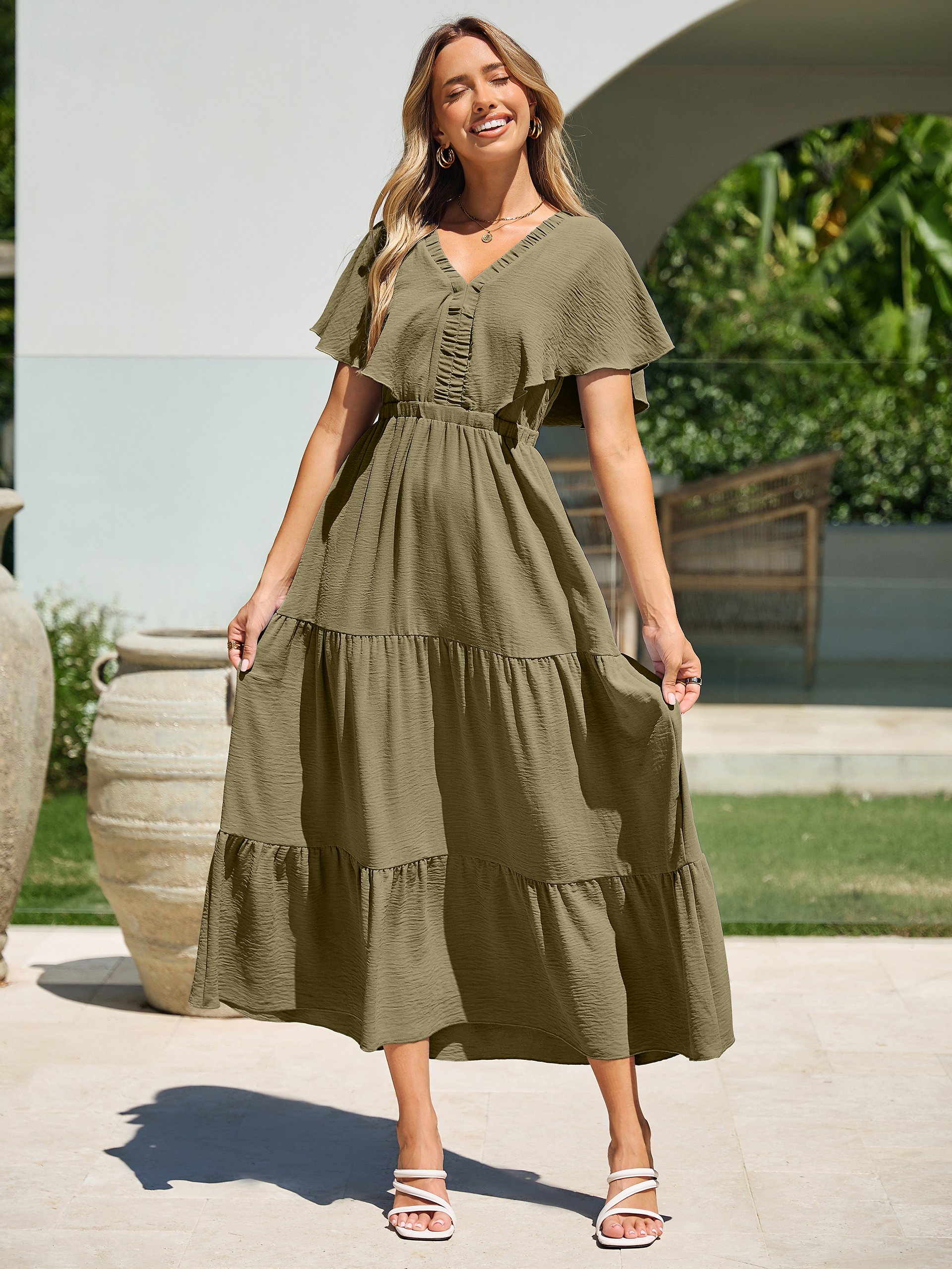 Solid Color Tiered V-Neck Ruffle Sleeve Maxi Dress