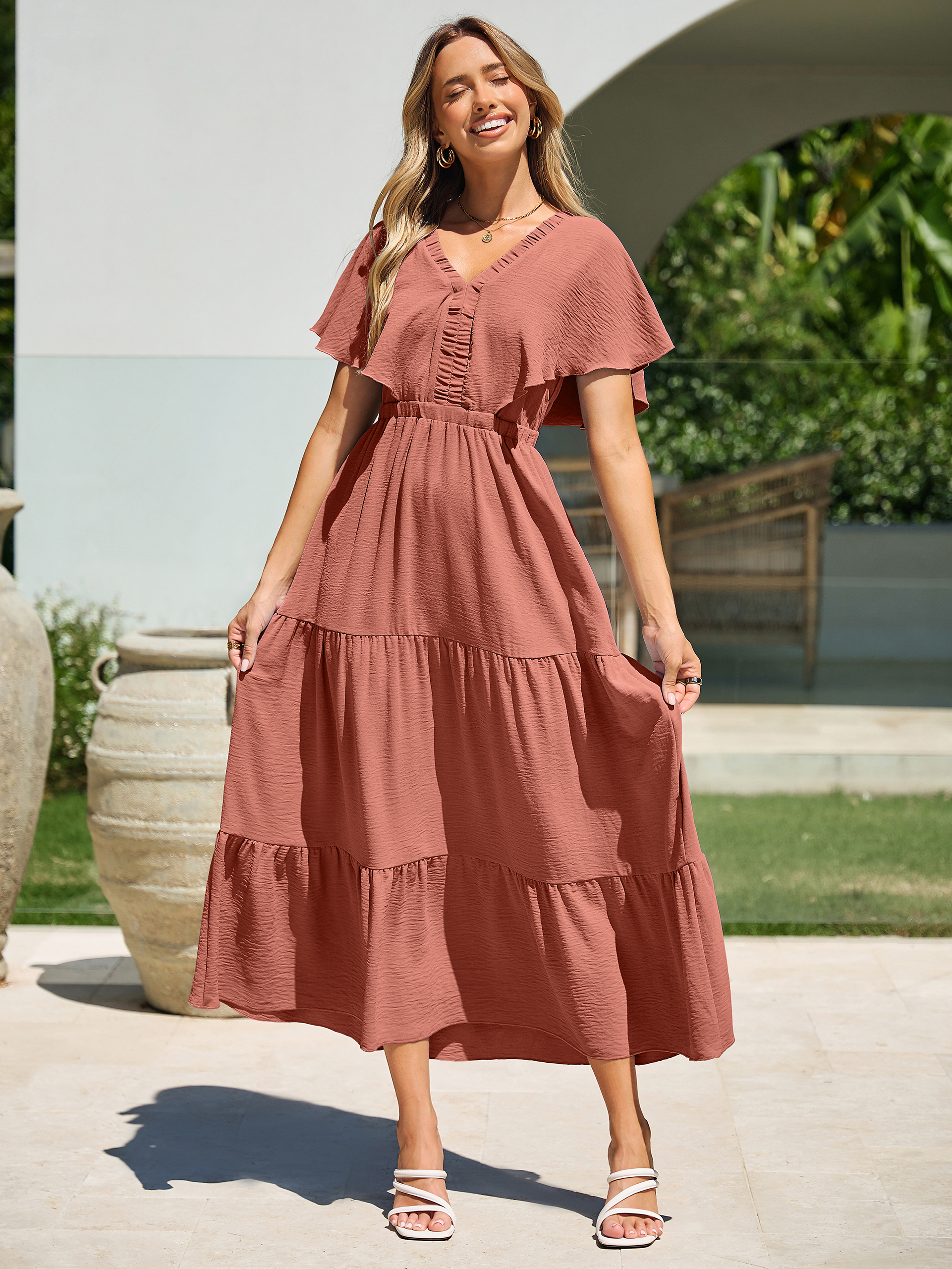 Solid Color Tiered V-Neck Ruffle Sleeve Maxi Dress