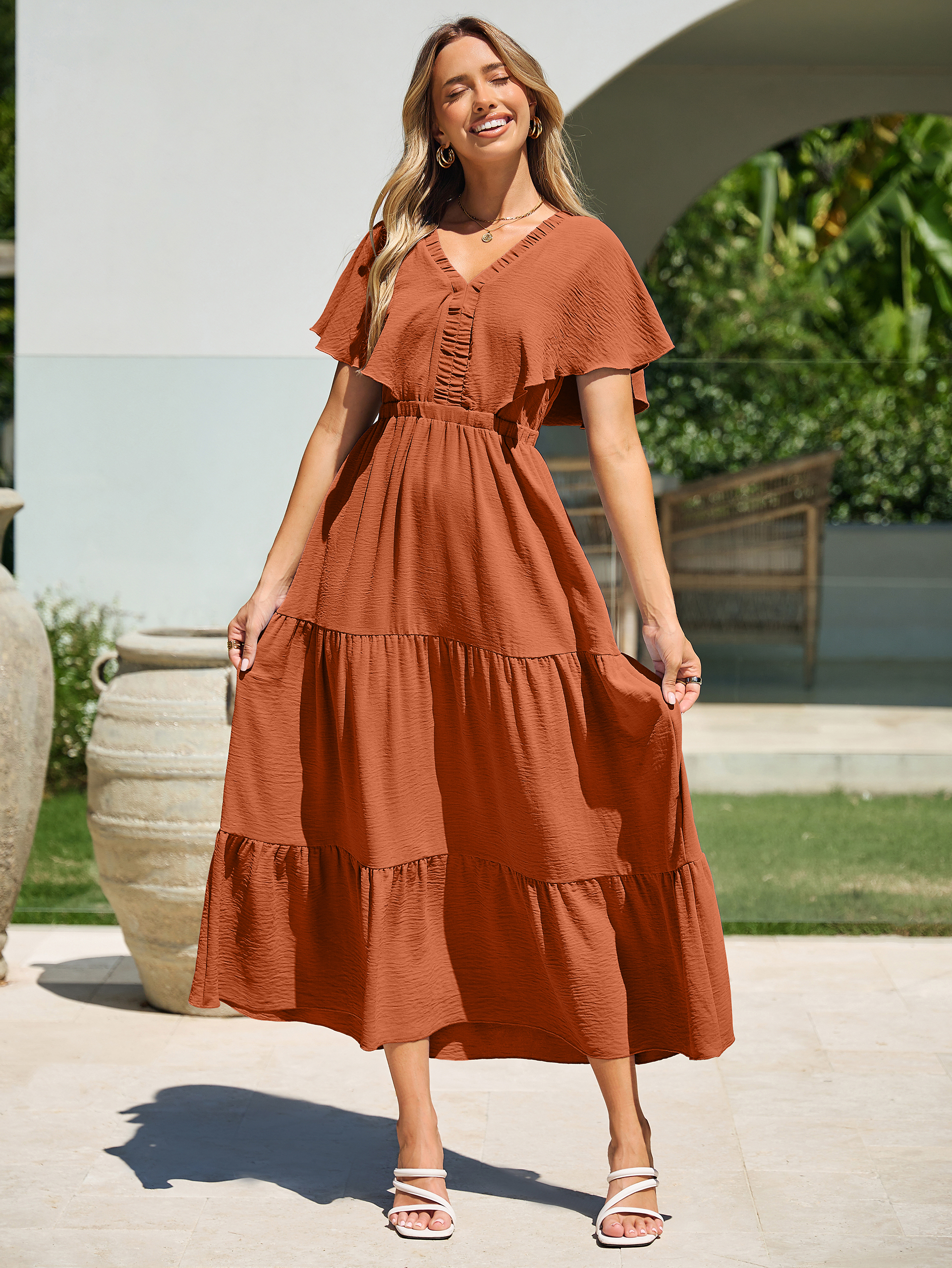 Solid Color Tiered V-Neck Ruffle Sleeve Maxi Dress