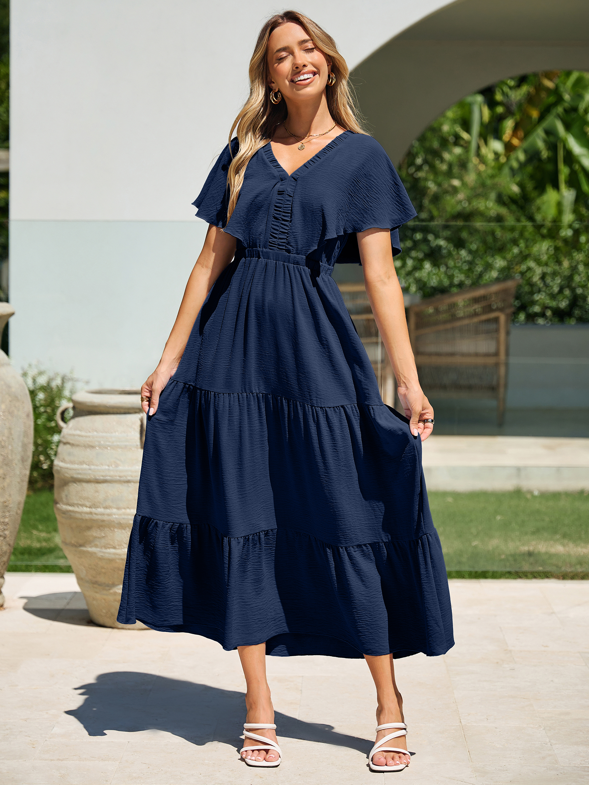 Solid Color Tiered V-Neck Ruffle Sleeve Maxi Dress