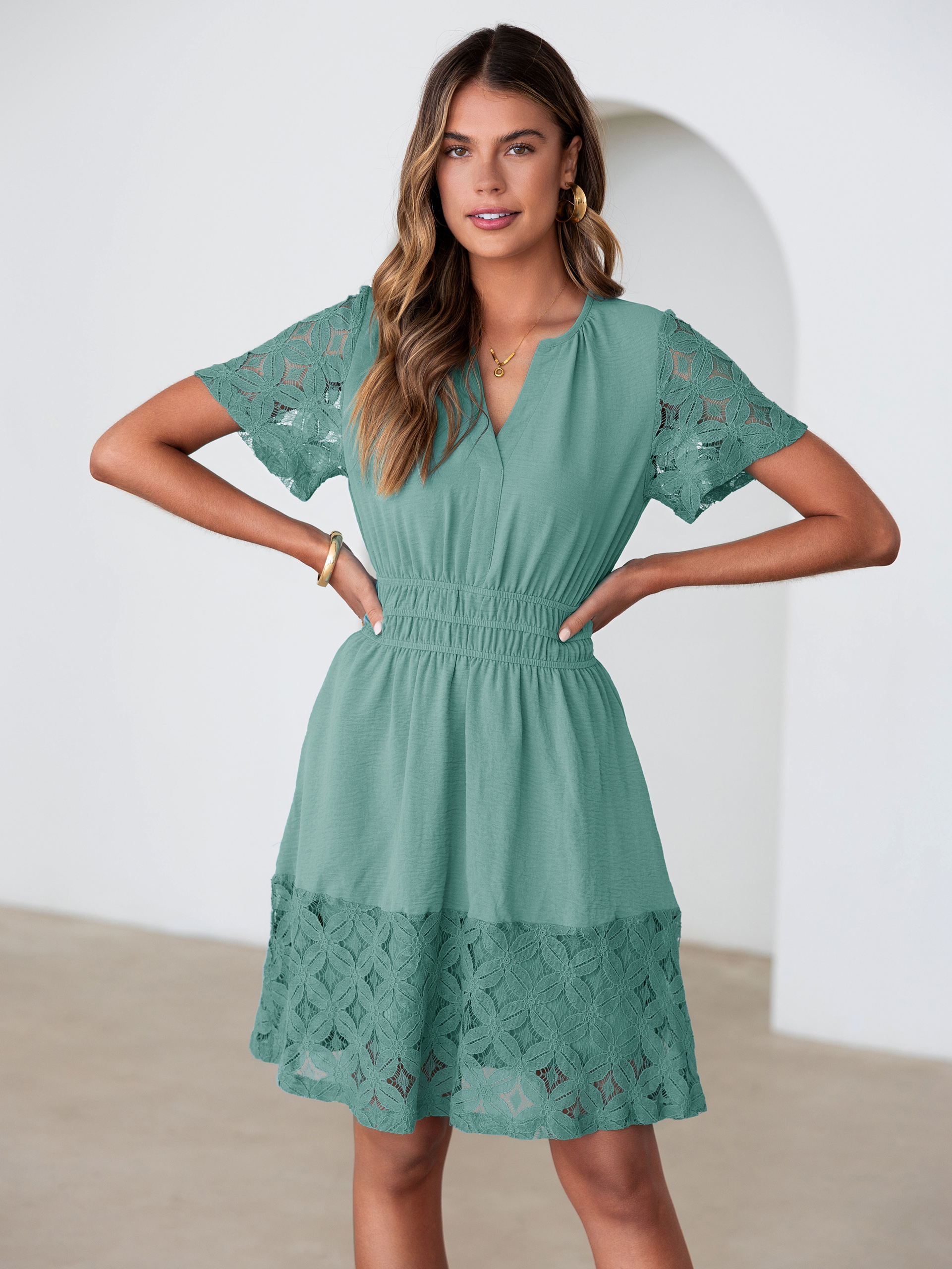 V Neck Crochet Lace Smocked Waist Mini Dress