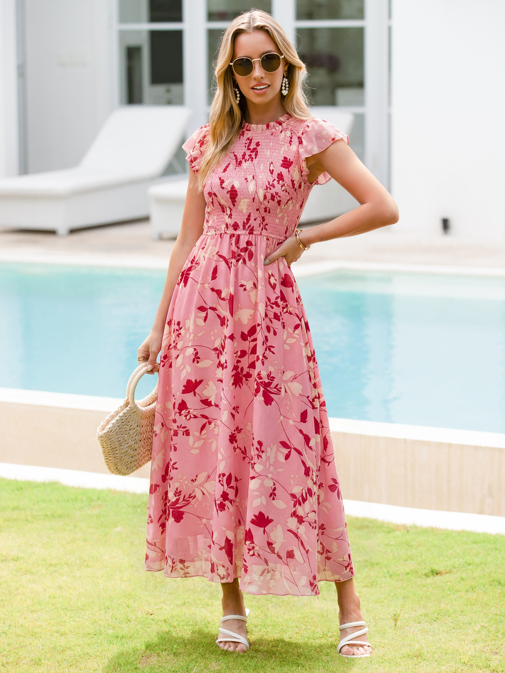 Smocked Bodice Chiffon Floral Maxi Dress