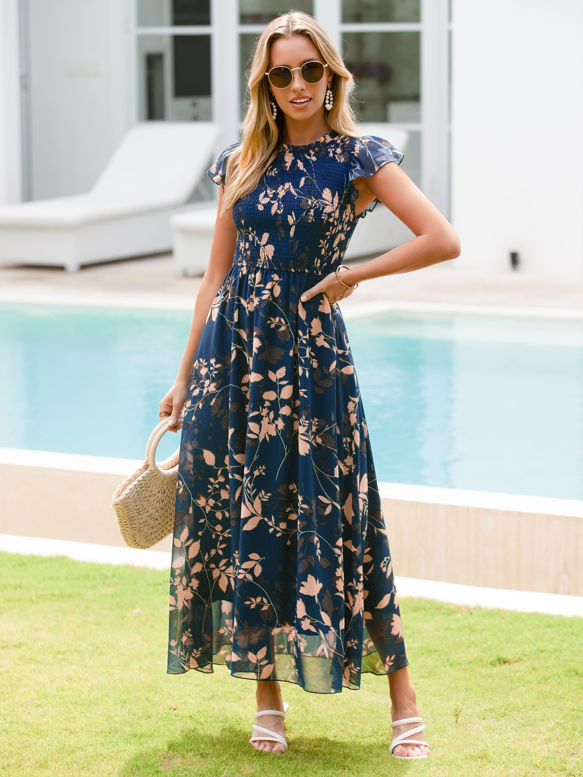 Smocked Bodice Chiffon Floral Maxi Dress